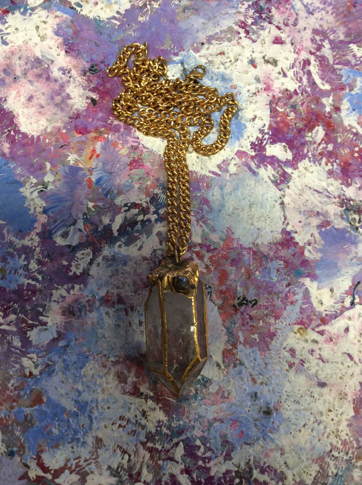 Lemurian vintage crystal pendant with raw diamond attached gold trim gold chain