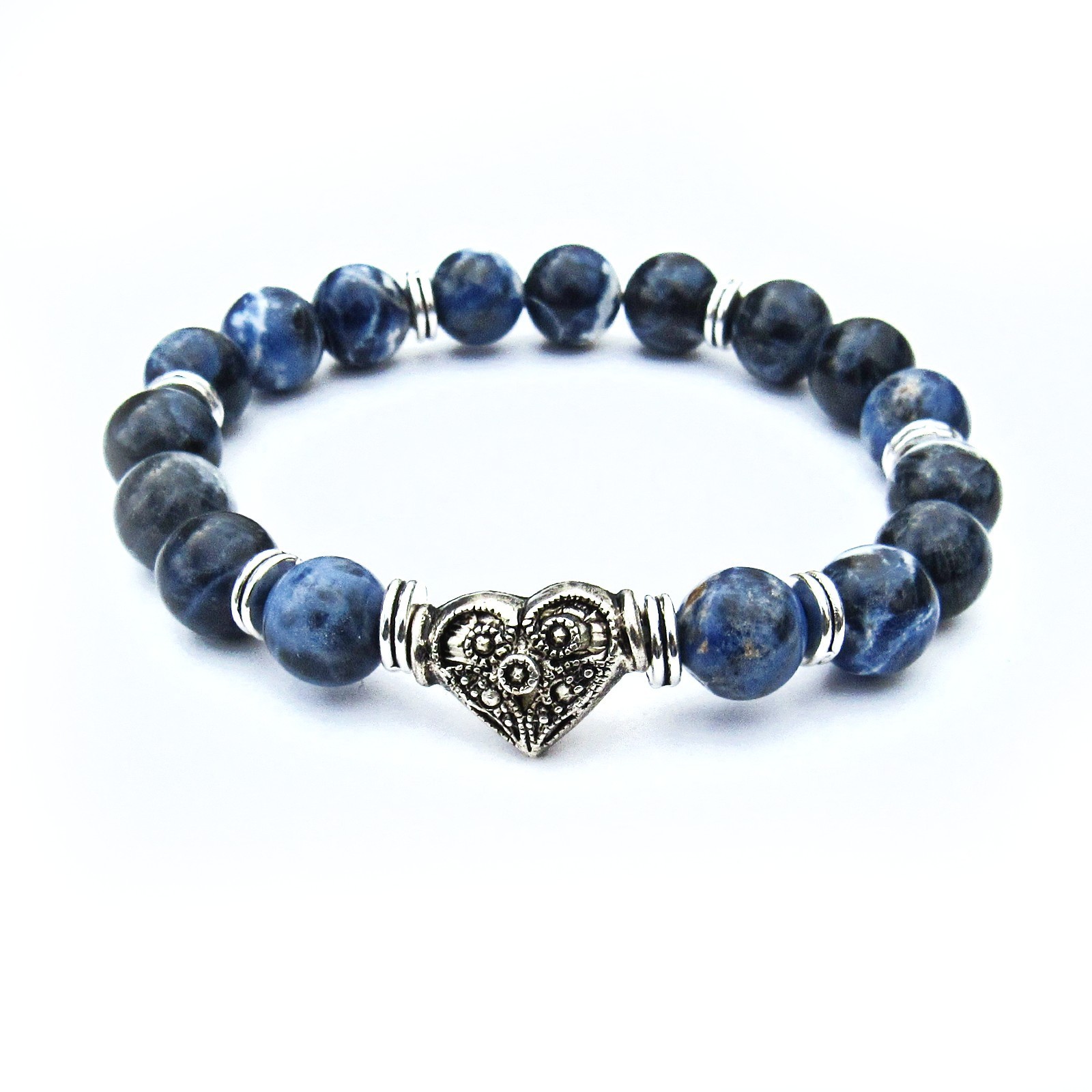 Dark Blue Sodalite Stone Stretch Bracelet, 6 Inches, Pewter Heart and Beads