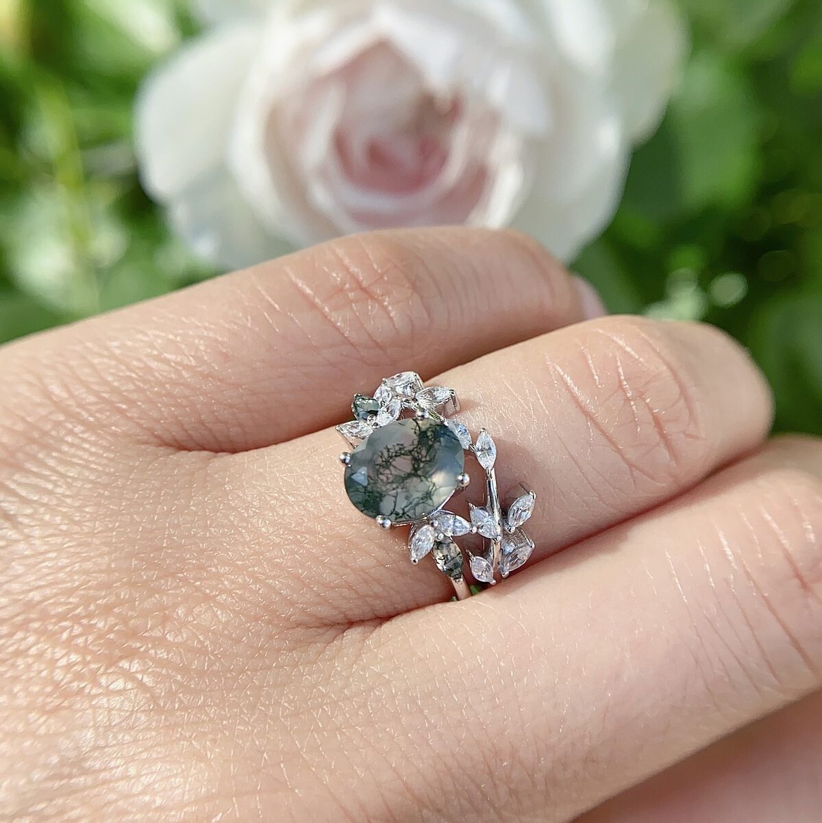 Floral Moss Agate Engagement Ring & Wedding Band Ring Set Sterling Silver S14275