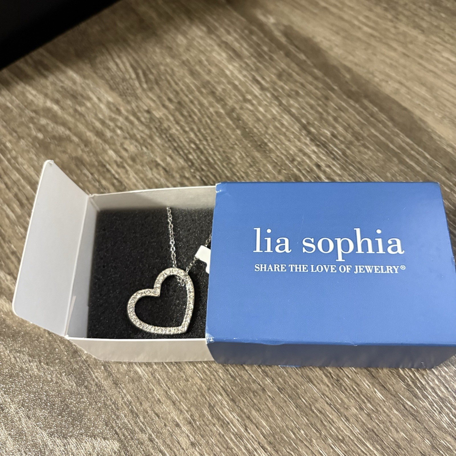Lia Sophia Love Token Necklace 17-20″ Heart Pendant Silver Tone w/Crystals & Box