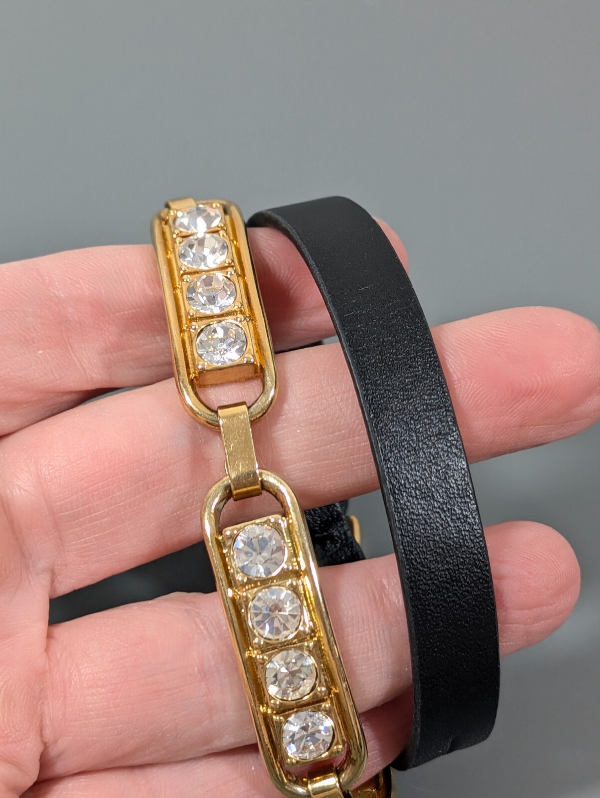 Gold Tone Rhinestone Tennis Black Faux Leather Wrap Bracelet 14.5″ Western Boho