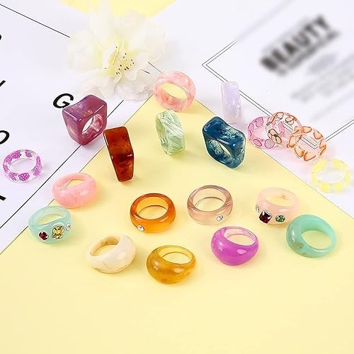 20 Pcs Resin Rings Acrylic Cute Trendy Rings Colorful 20Pcs Resin Rings