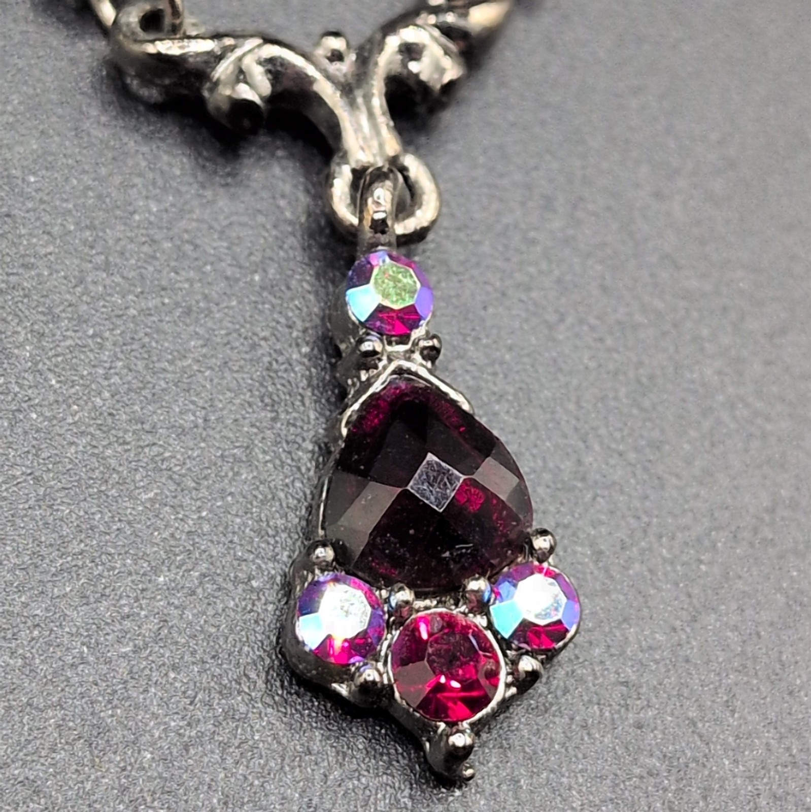 Necklace 1928 Gunmetal Silver Tone Y-Drop Red Beads Aurora Borealis Rhinestones