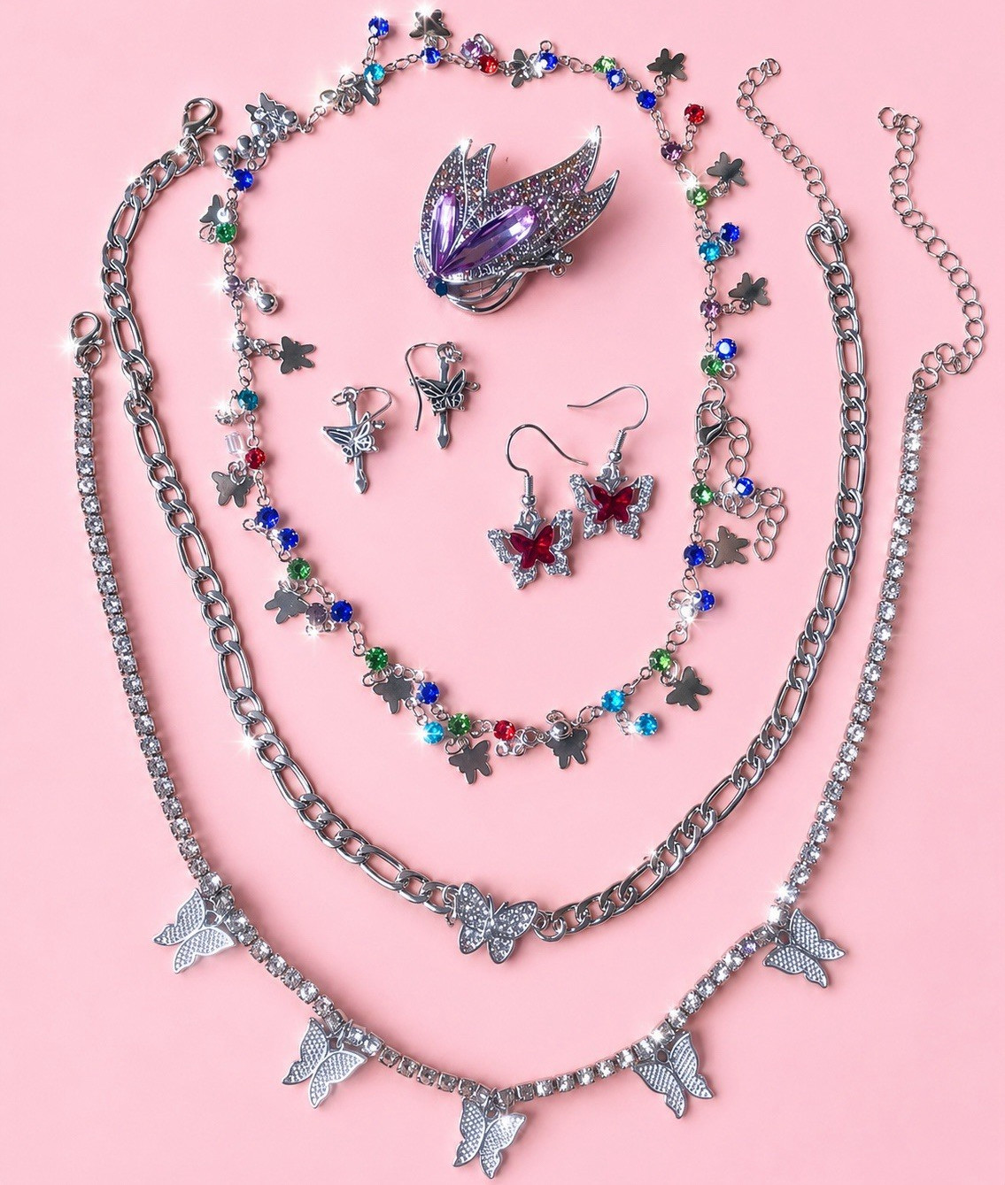 Butterfly Jewelry Set Necklace Earrings Brooch Silver Plated Rhinestone Crystal