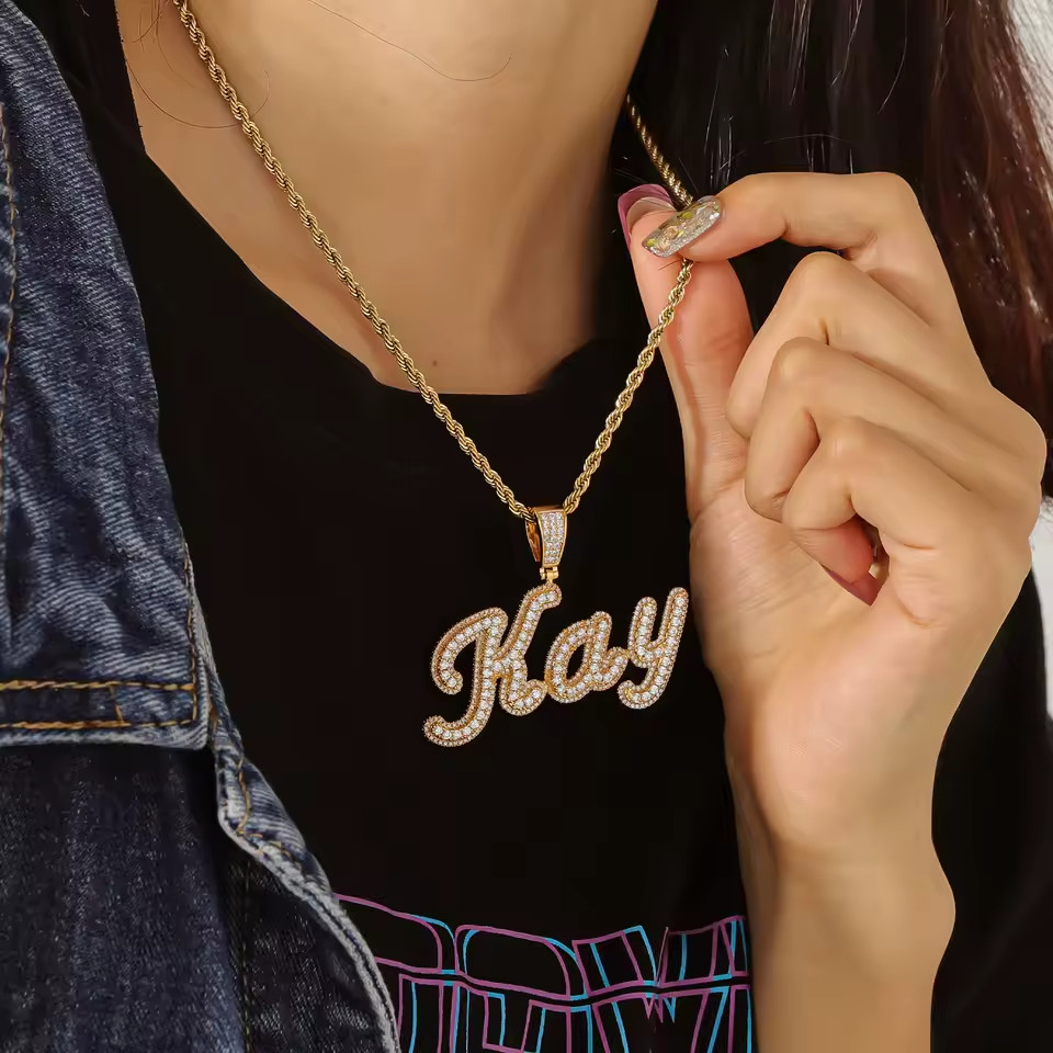 Custom Name Bubble Letters Necklace Zirconia Pendant Necklace Jewelry Rope Chain