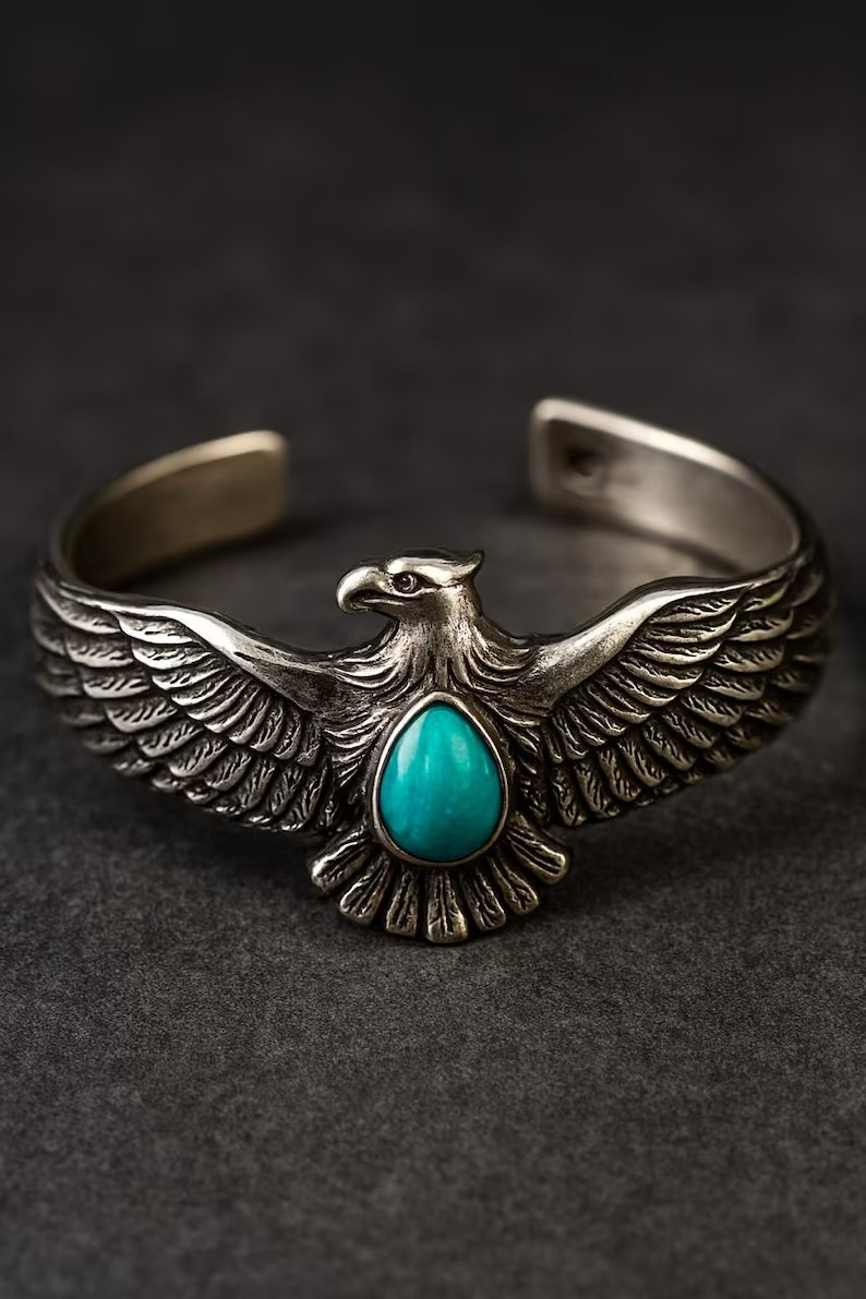Handmade Sterling Silver Turquoise Eagle Bangle, Adjustable Bohemian Cuff