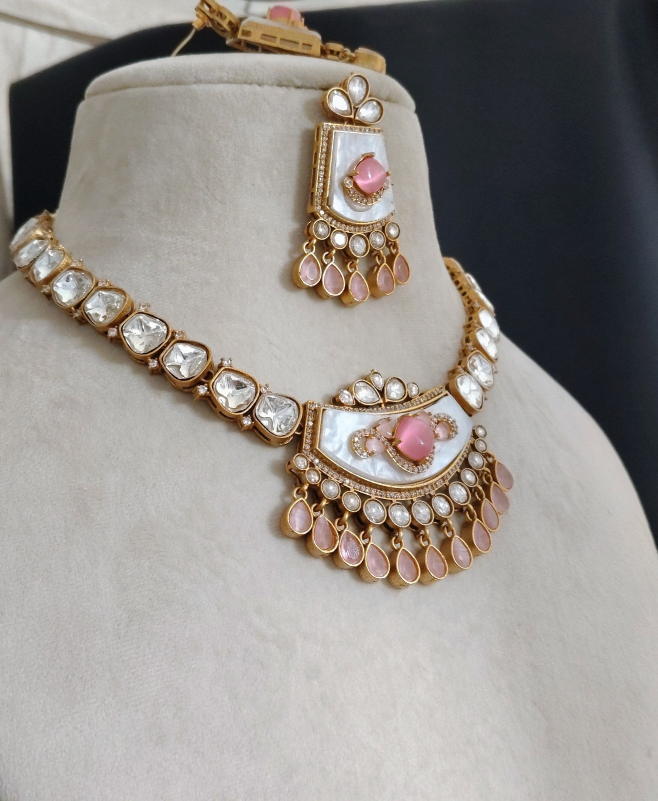 Zahida Royal Blush Pink Polki Necklace Set with Matching Earrings Roz Jewellers.