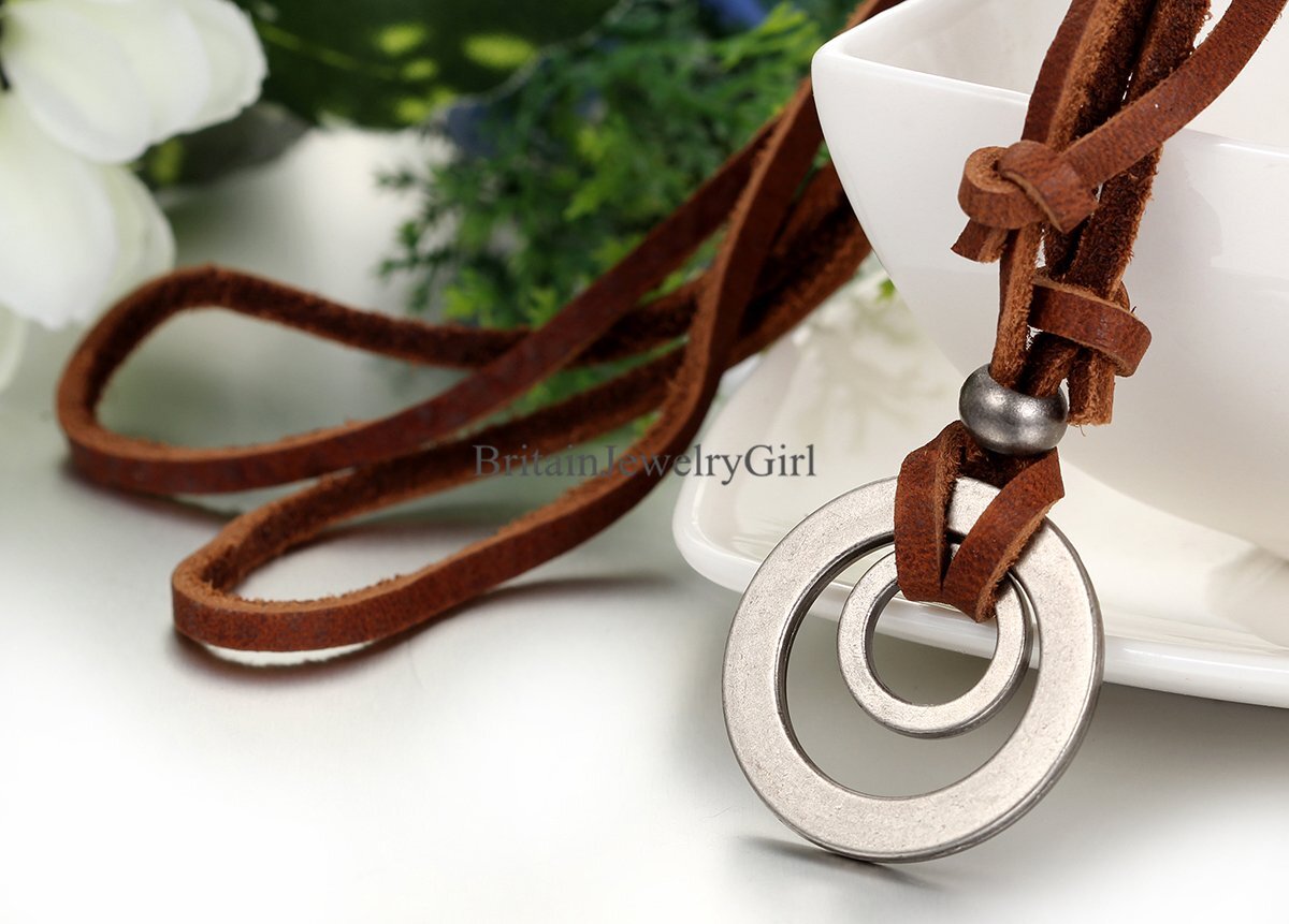 Classic Double Ring Pendant Adjustable Men Women Brown Leather Cord Necklace