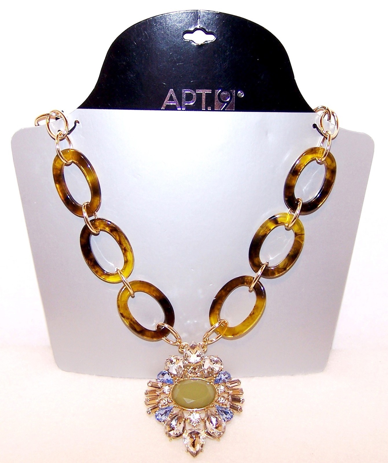 APT. 9 Necklace NEW on Card ● Clear Blue Green Rhinestones Gold& Tortoise Links