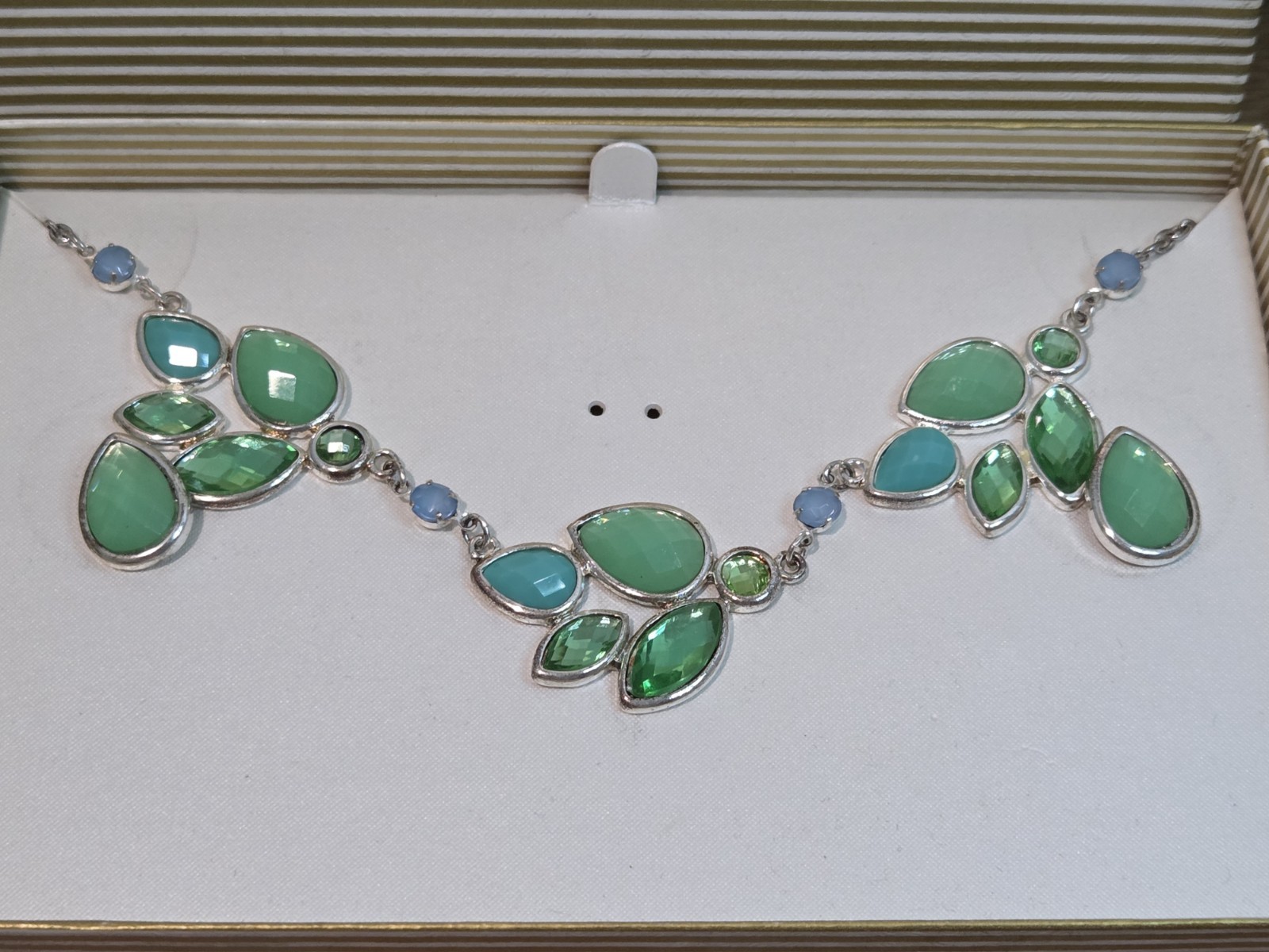 Green Blue Statement Necklace And Earings Set Silverstone Tear Drop Crystals