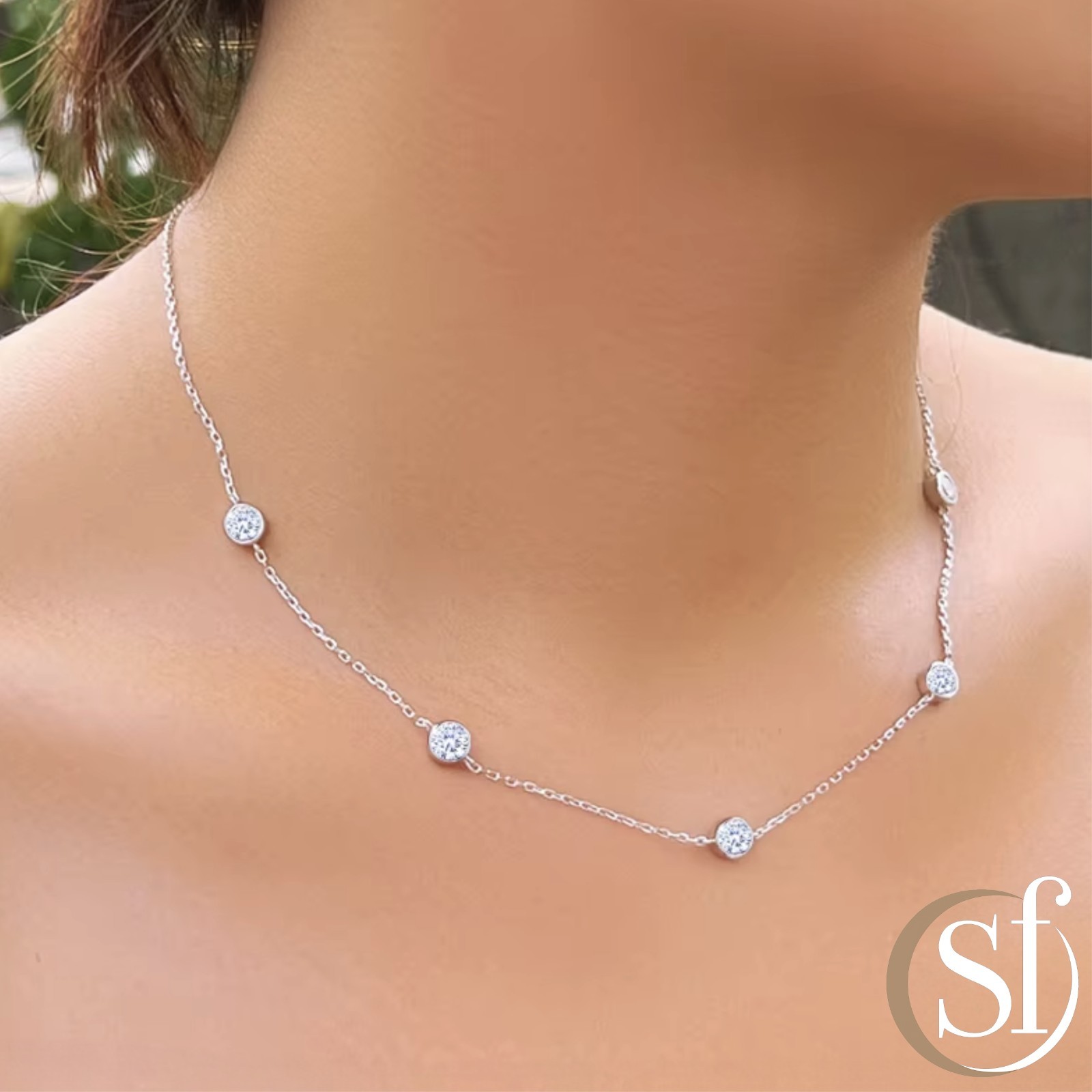 925 Sterling Silver Station Necklace | 6mm CZ Bezel Set | 16 to 18 Inch