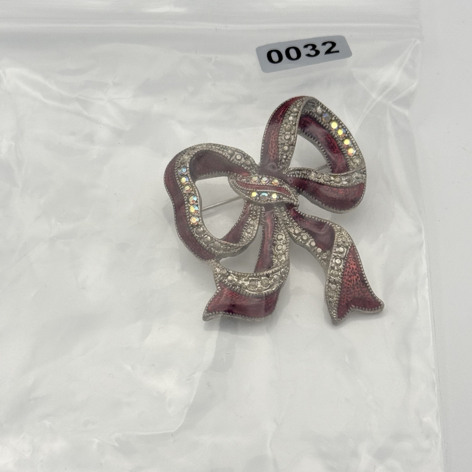 Bow Brooch Red Enamel Aurora Borealis Rhinestone Silver Tone Ribbon Pin 0032