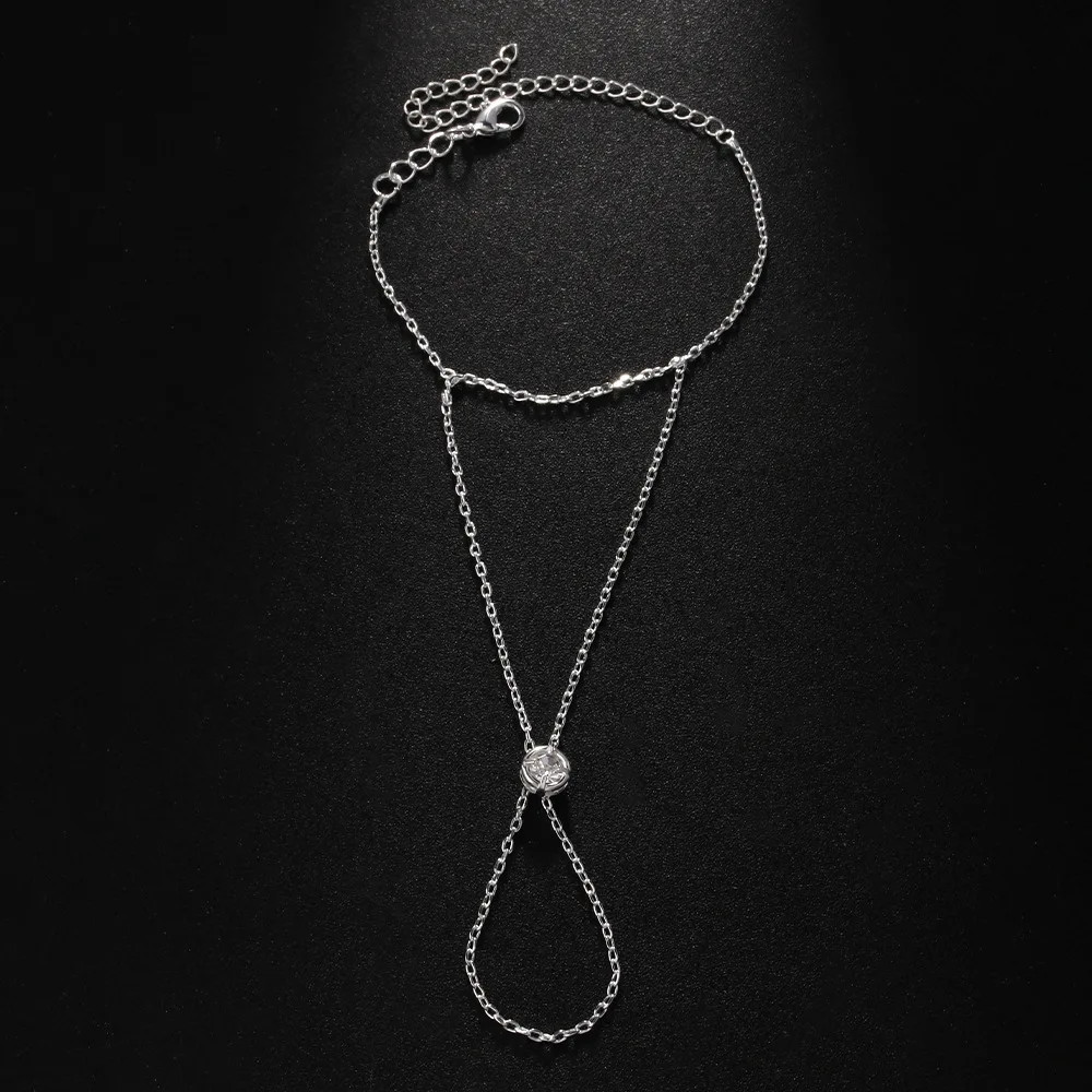 Stainless Steel Hand Chain Bracelet Women Zircon Beaded Link Ring Jewelry