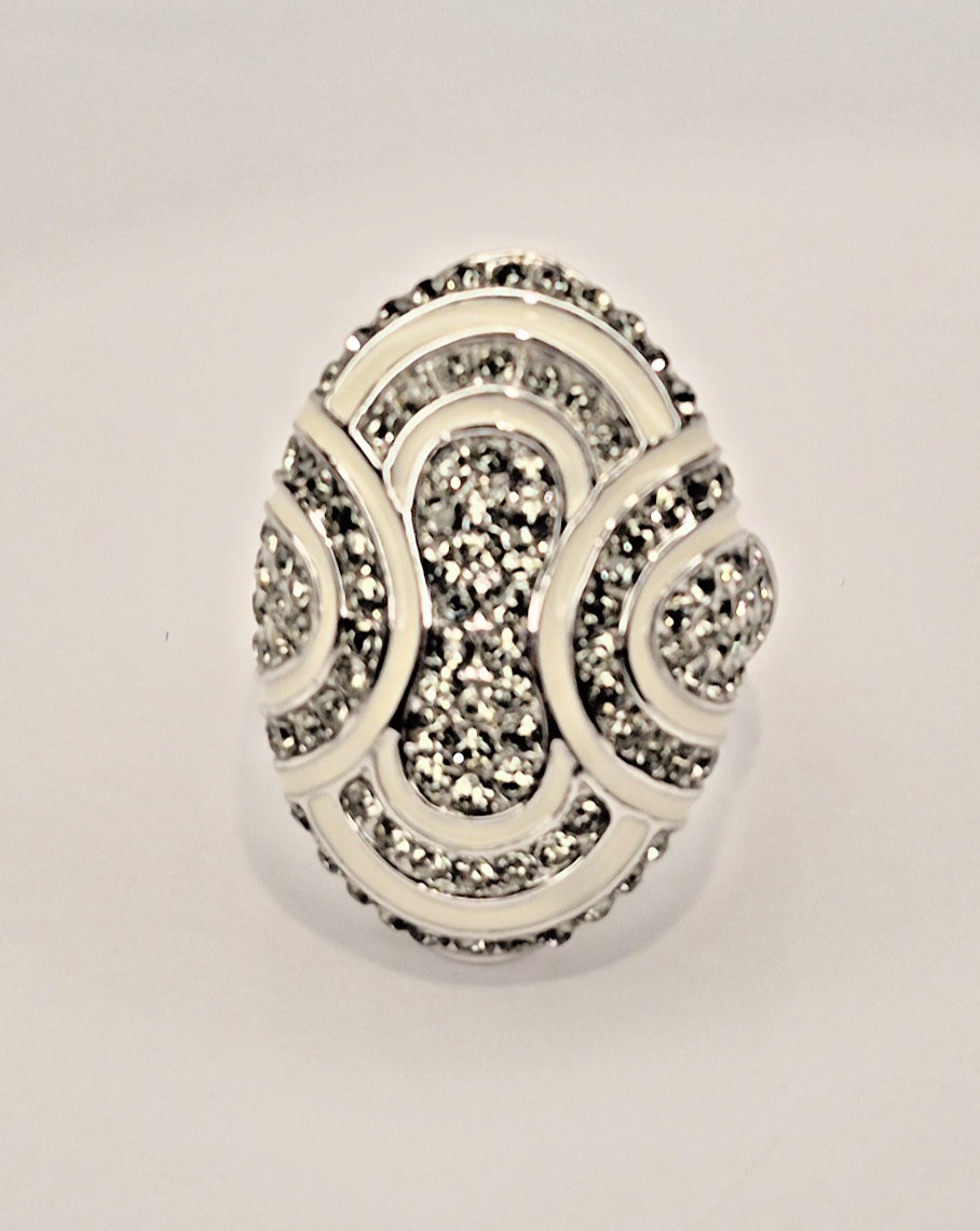 Akkad Cream White Enamel Clear Rhinestones silver tone Statement Ring Size 9 1/4