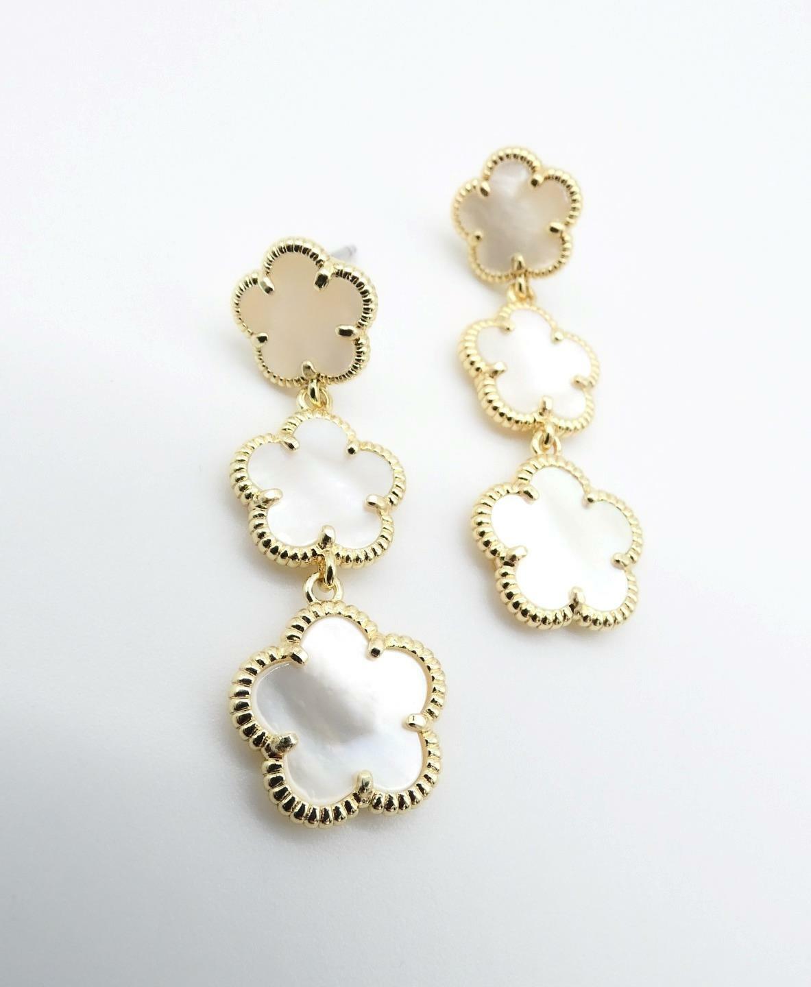 ELEGANT 18kt Gold Plated Mother Pearl Shell Triple 5 Petal Flower Post Earrings