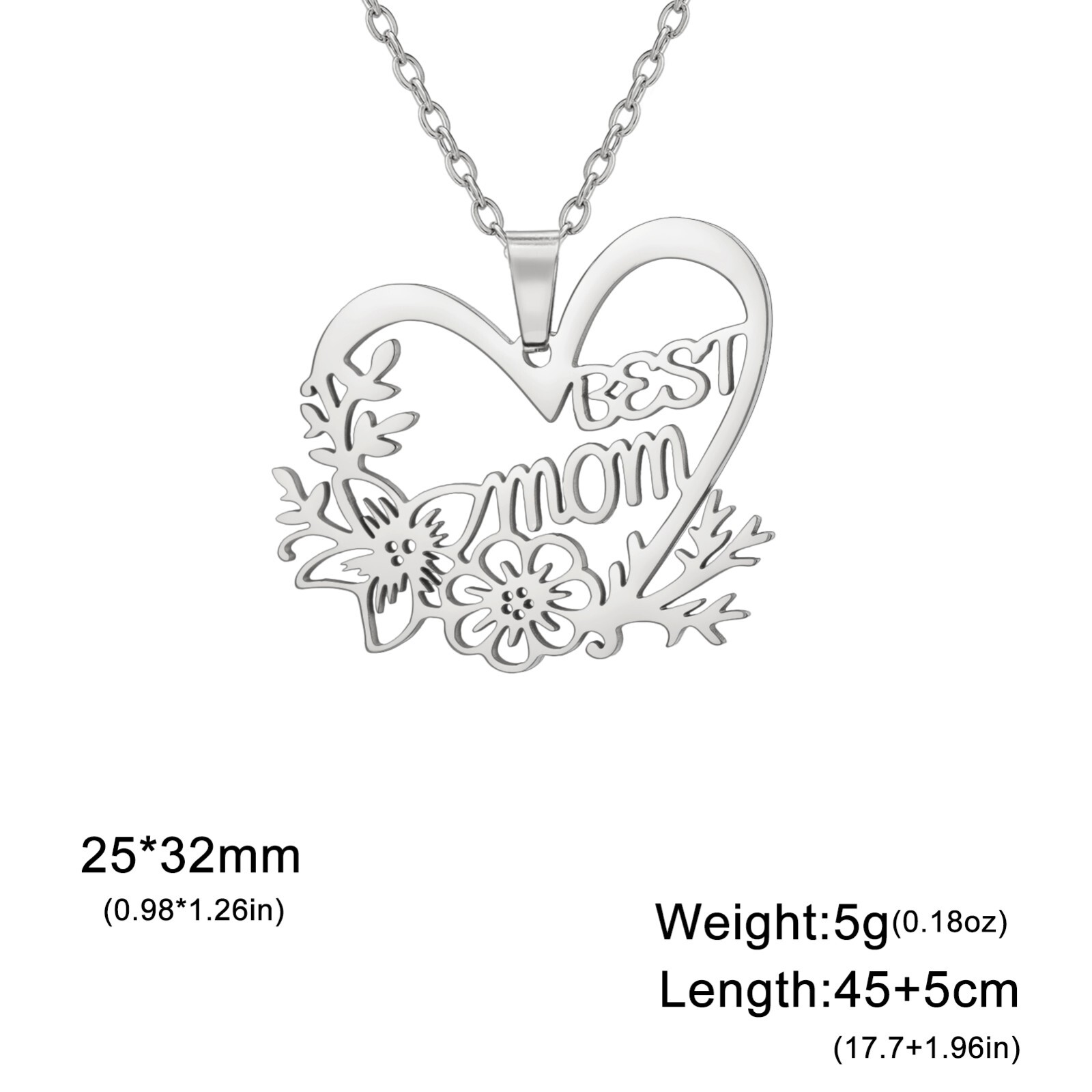 Best Mom Flower Love Heart Pendant Necklace Stainless Steel Jewelry Mother’s Day