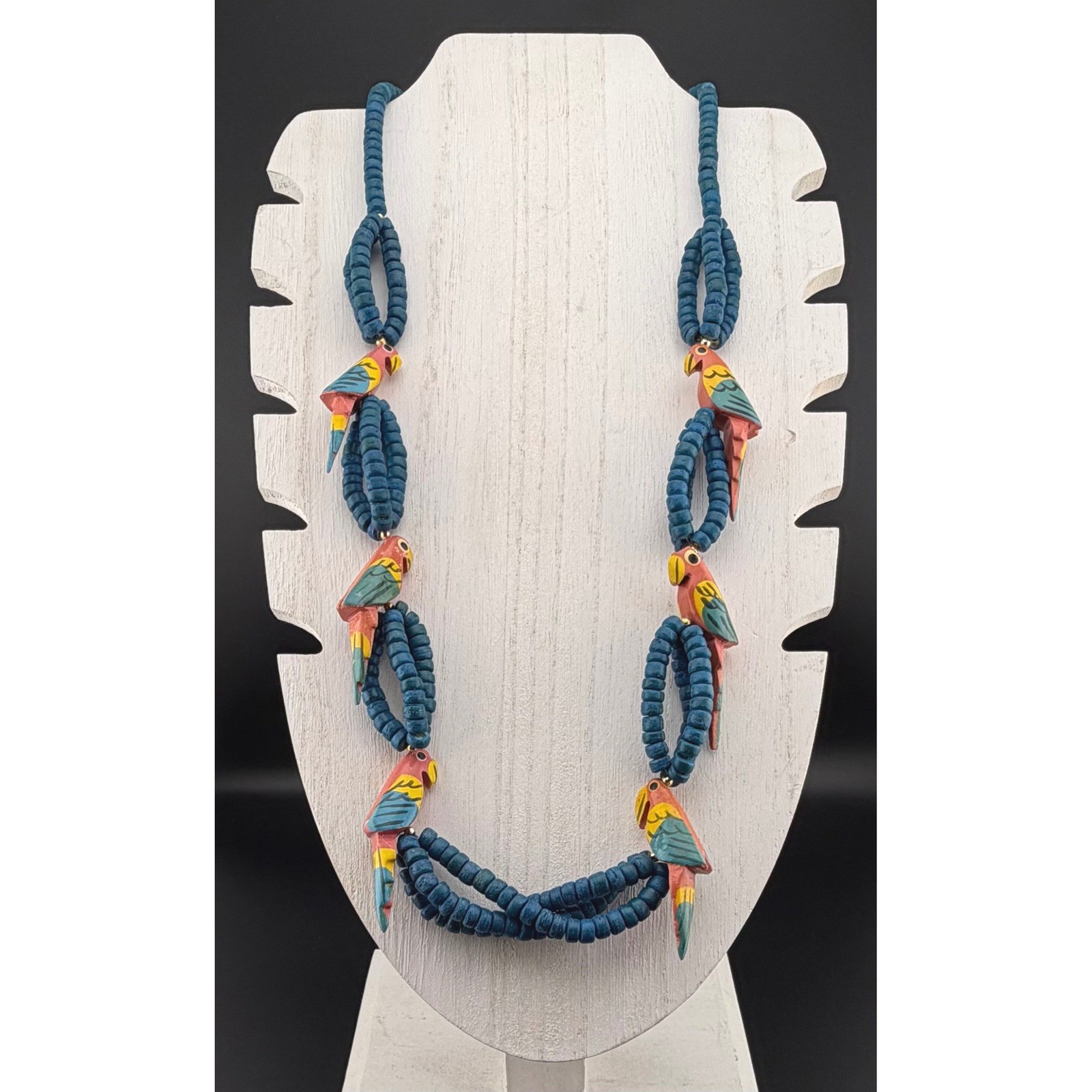Parrot Bird Wood Bead Necklace Blue Tropical Hand Painted Boho Statement