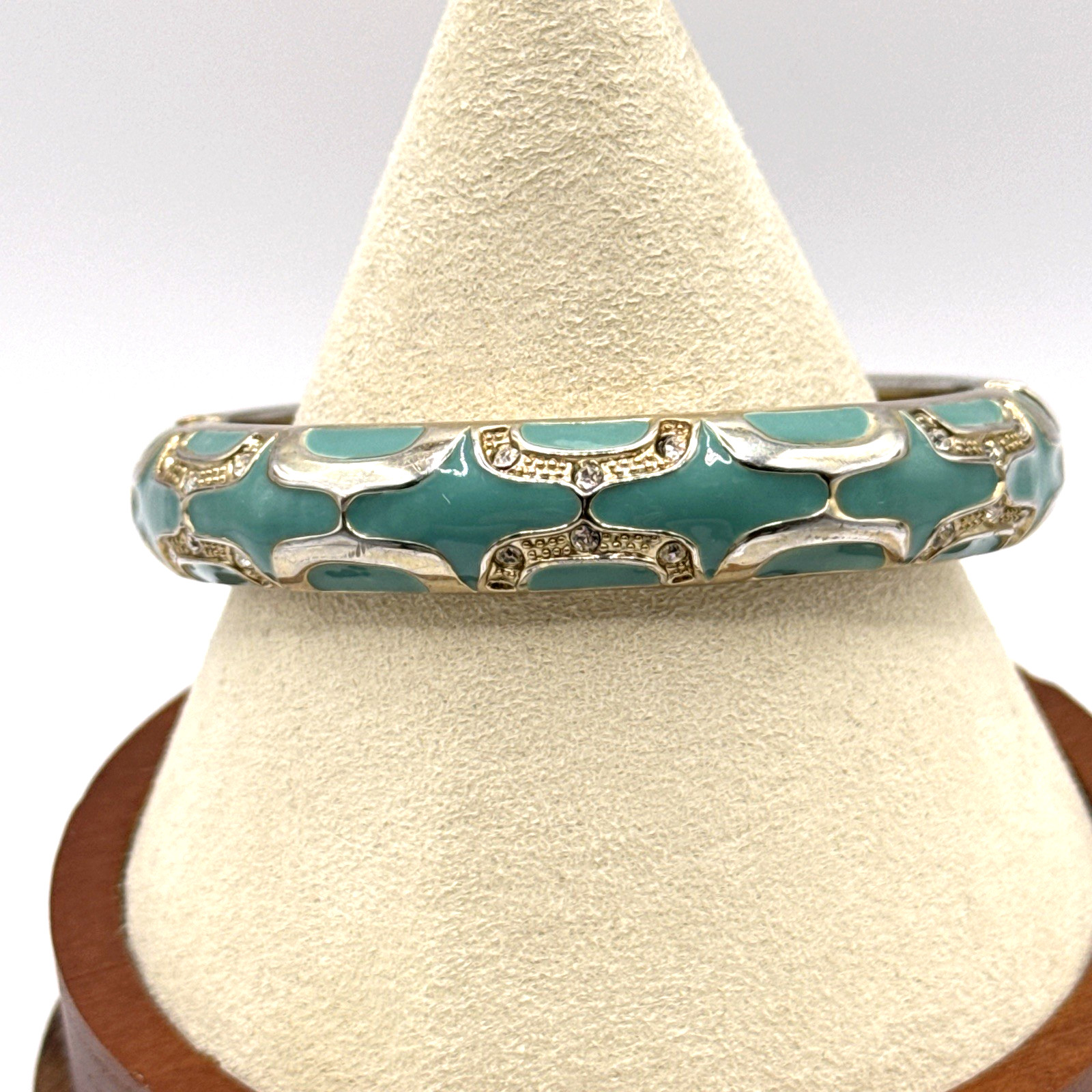 Teal Green Bangle Bracelet Gold Tone Rhinestones Enamel Hinged Clamper 7″
