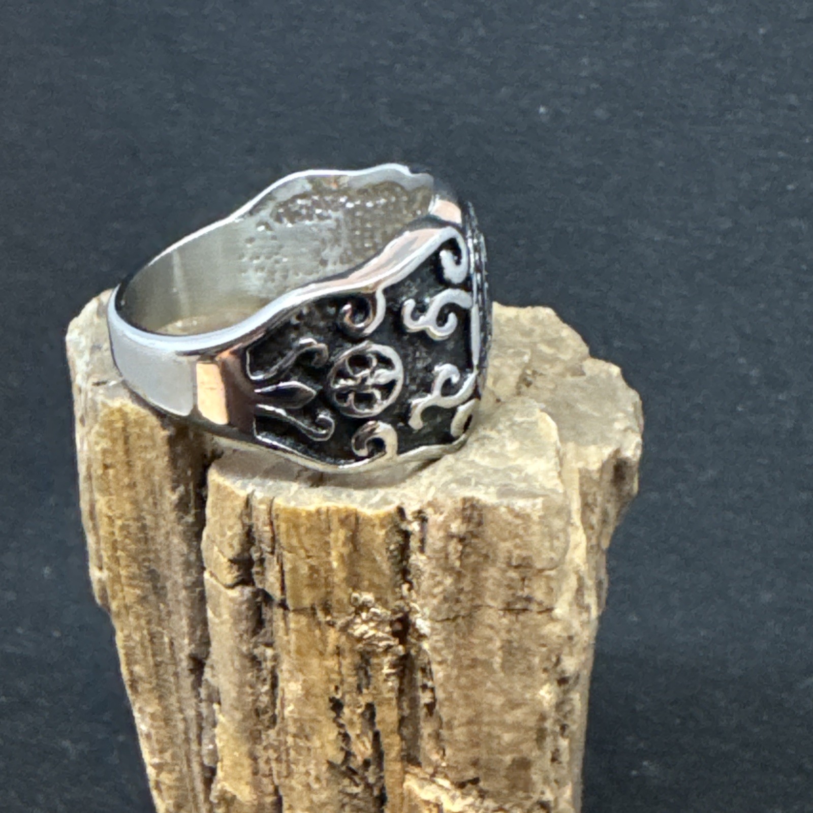 Fleur de Lis Stainless Steel Ring 24mm Face Width 5mm Band Oxidized & Polish