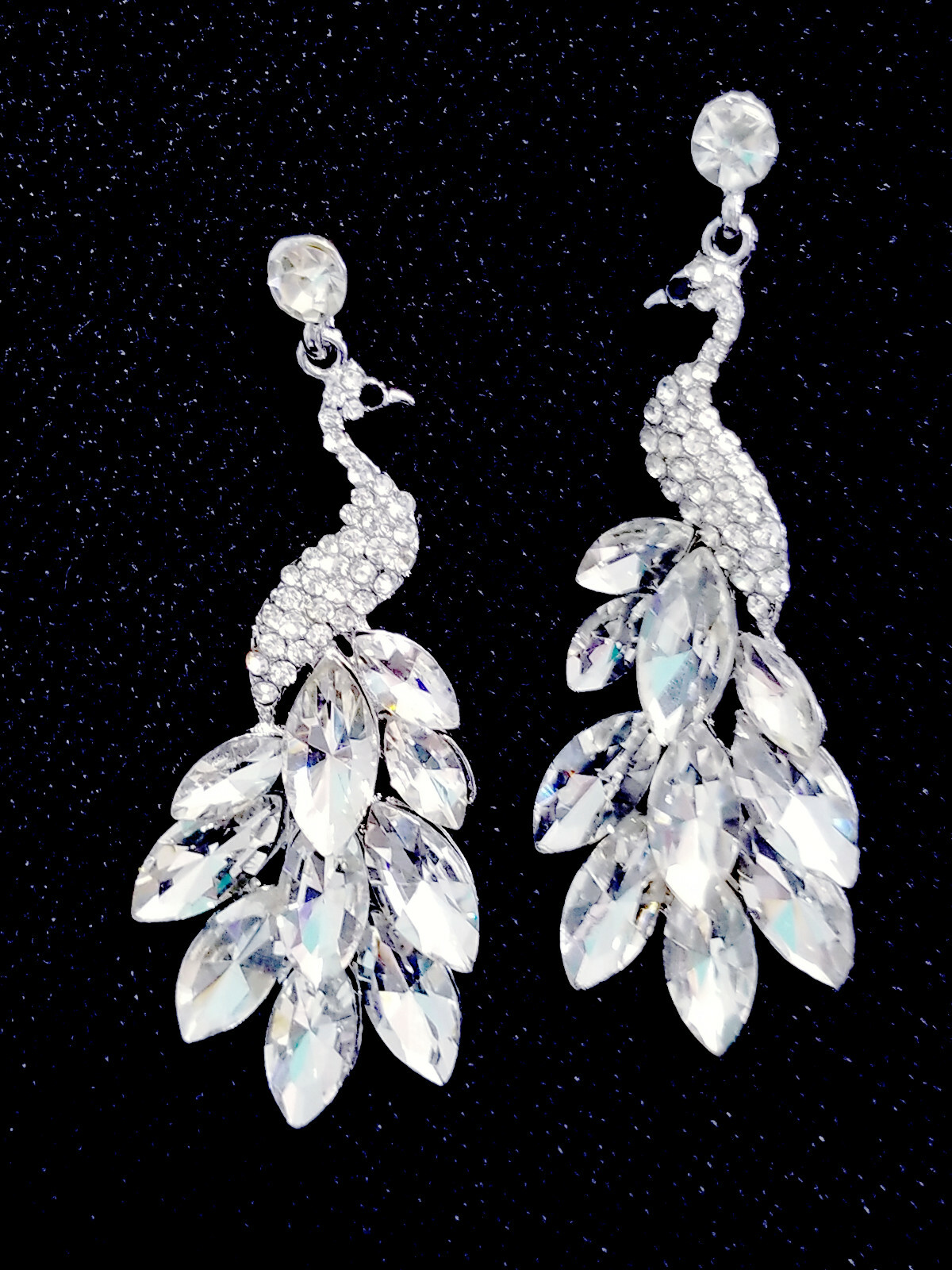 Peacock Drop Earrings Rhinestone Chandelier 2.9 inch Clear