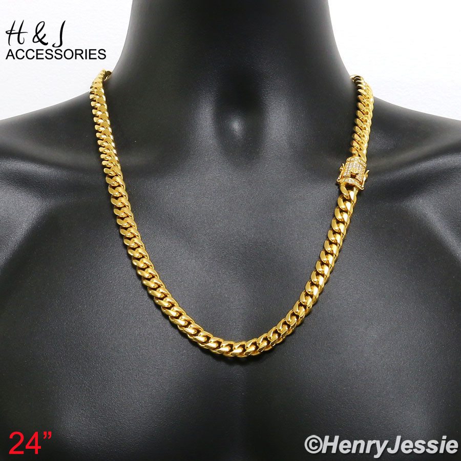 18-40″MEN Stainless Steel 10/12/14mm Gold Plated ICY CZ Miami Cuban Necklace*158