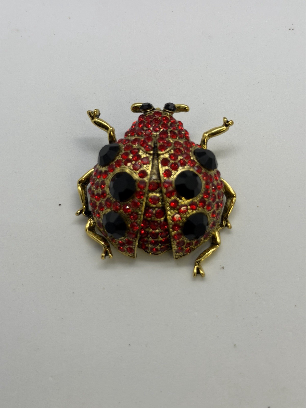Gold Tone Ladybug Brooch Pin Red Black Round Rhinestones 2 in