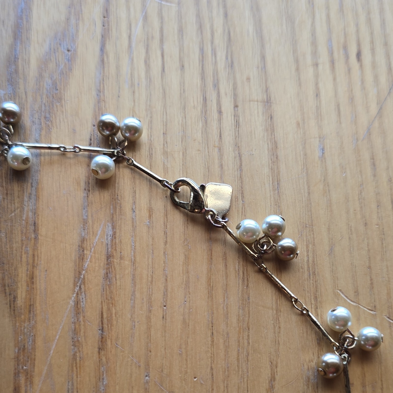 Chaps Gold Tone Station Cable Chain Necklace Simulated White Pearls Signed