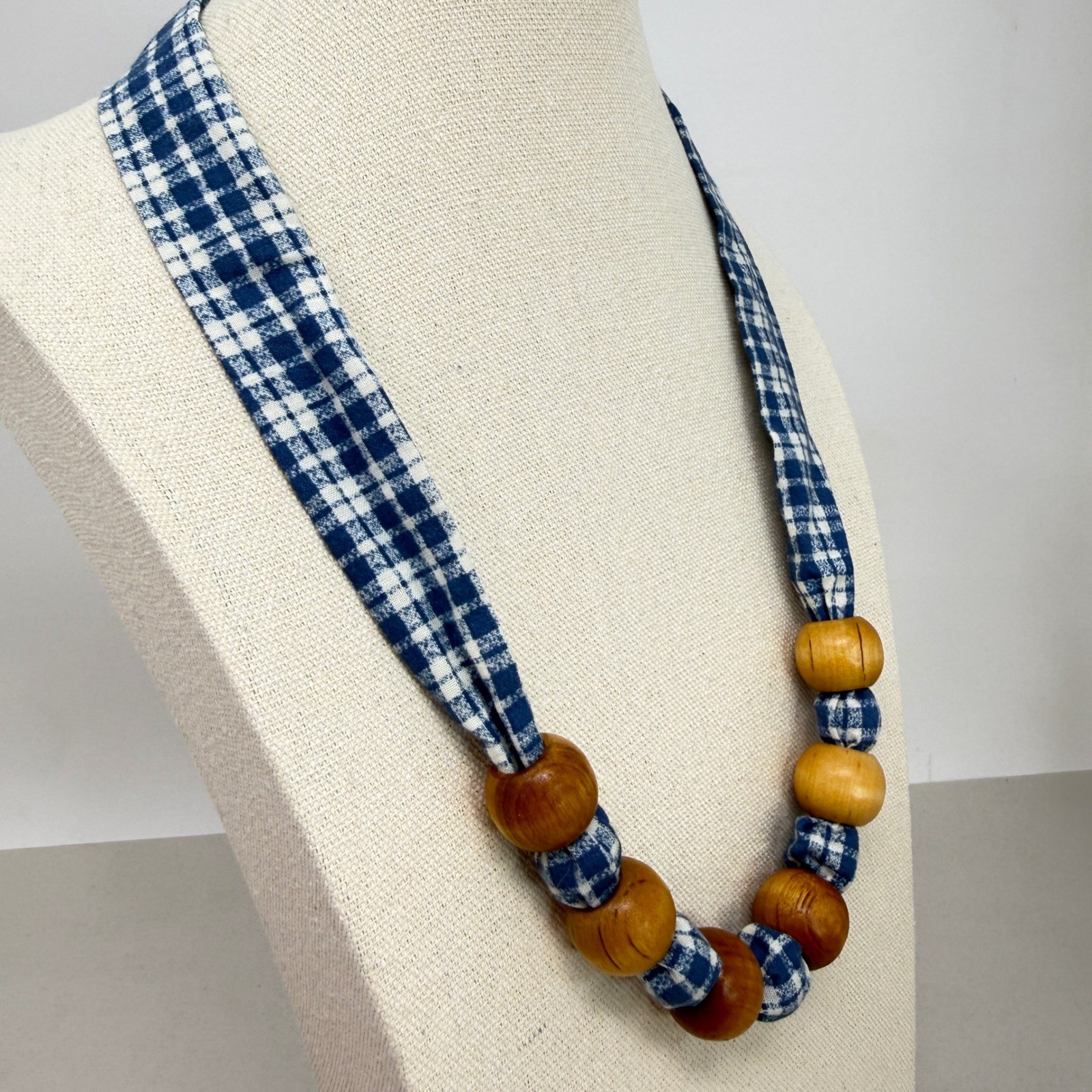 Blue Gingham Fabric Tie Necklace with Natural Wood Beads Cottagecore Vintage 80s