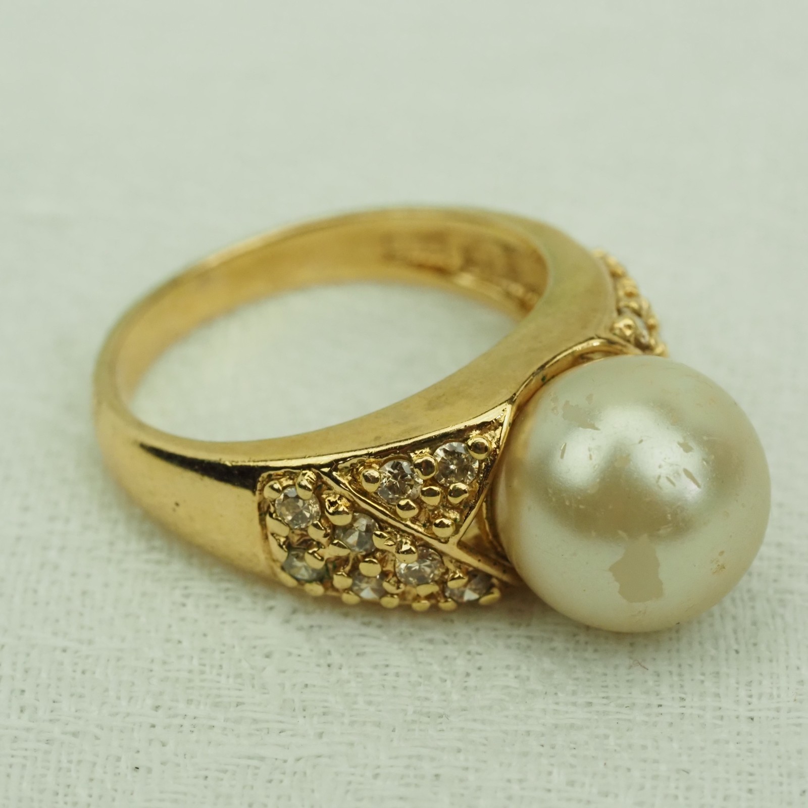 925 Sterling Silver Yellow Gold Plated Faux Pearl Cocktail Ring Sz 10.25 8.2g