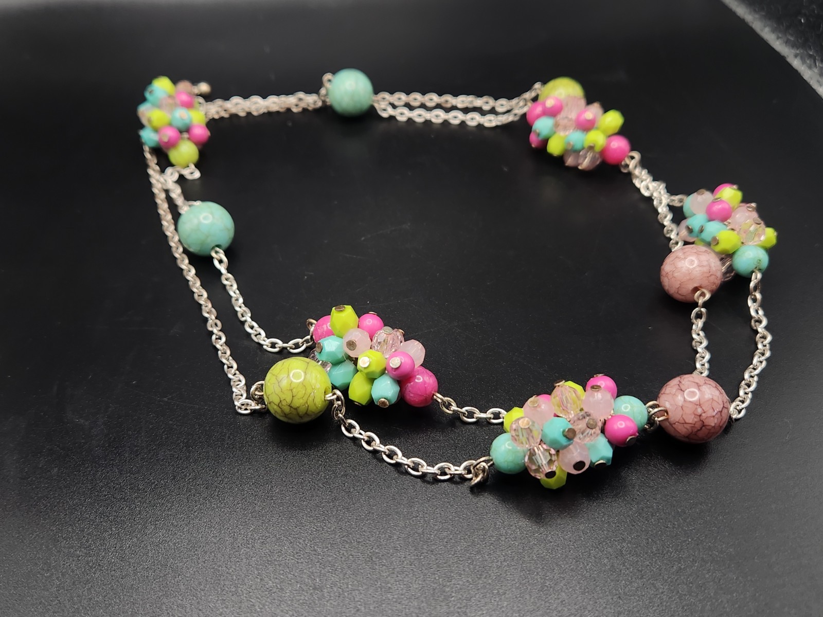 #0242 – Colorful Beaded Long Necklace Pink Blue Green Silver Tone Chain 38″ Boho