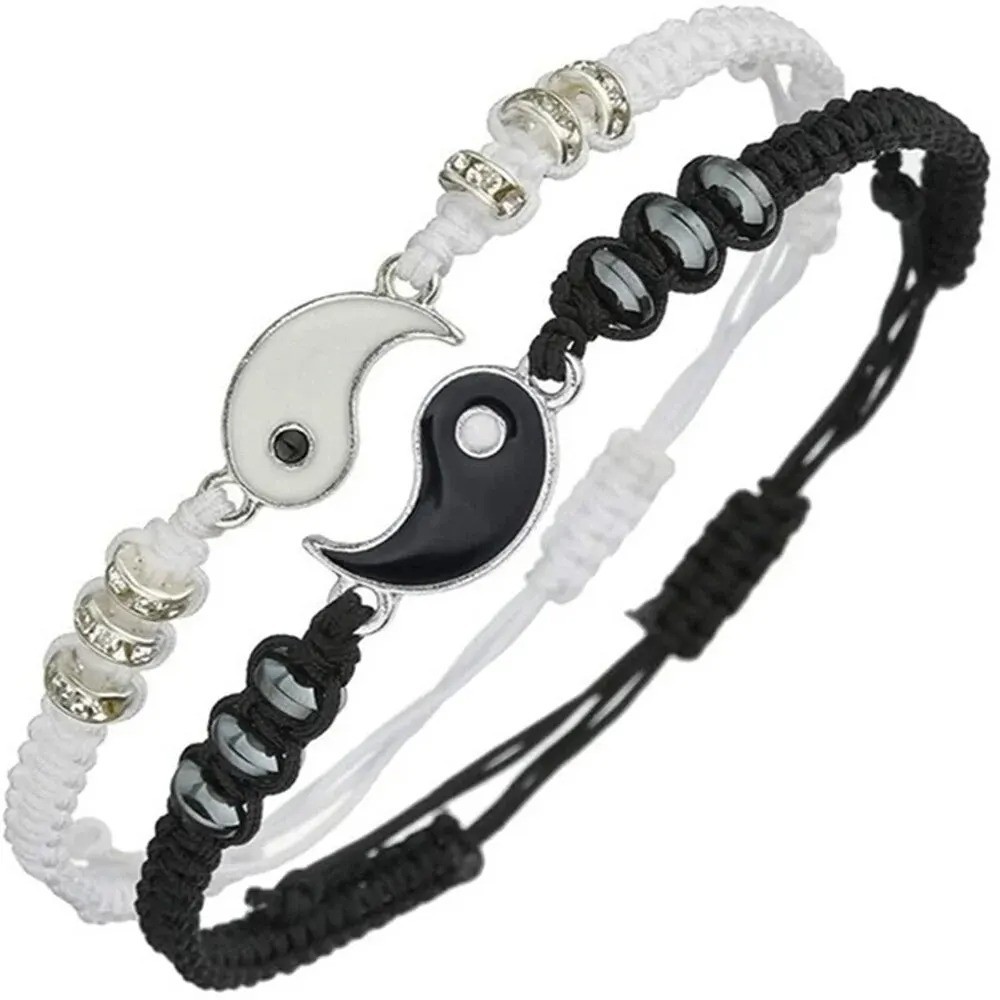 2PCS Couple Yin Yang Tai Chi Bracelet Adjustable Rope Chain Set