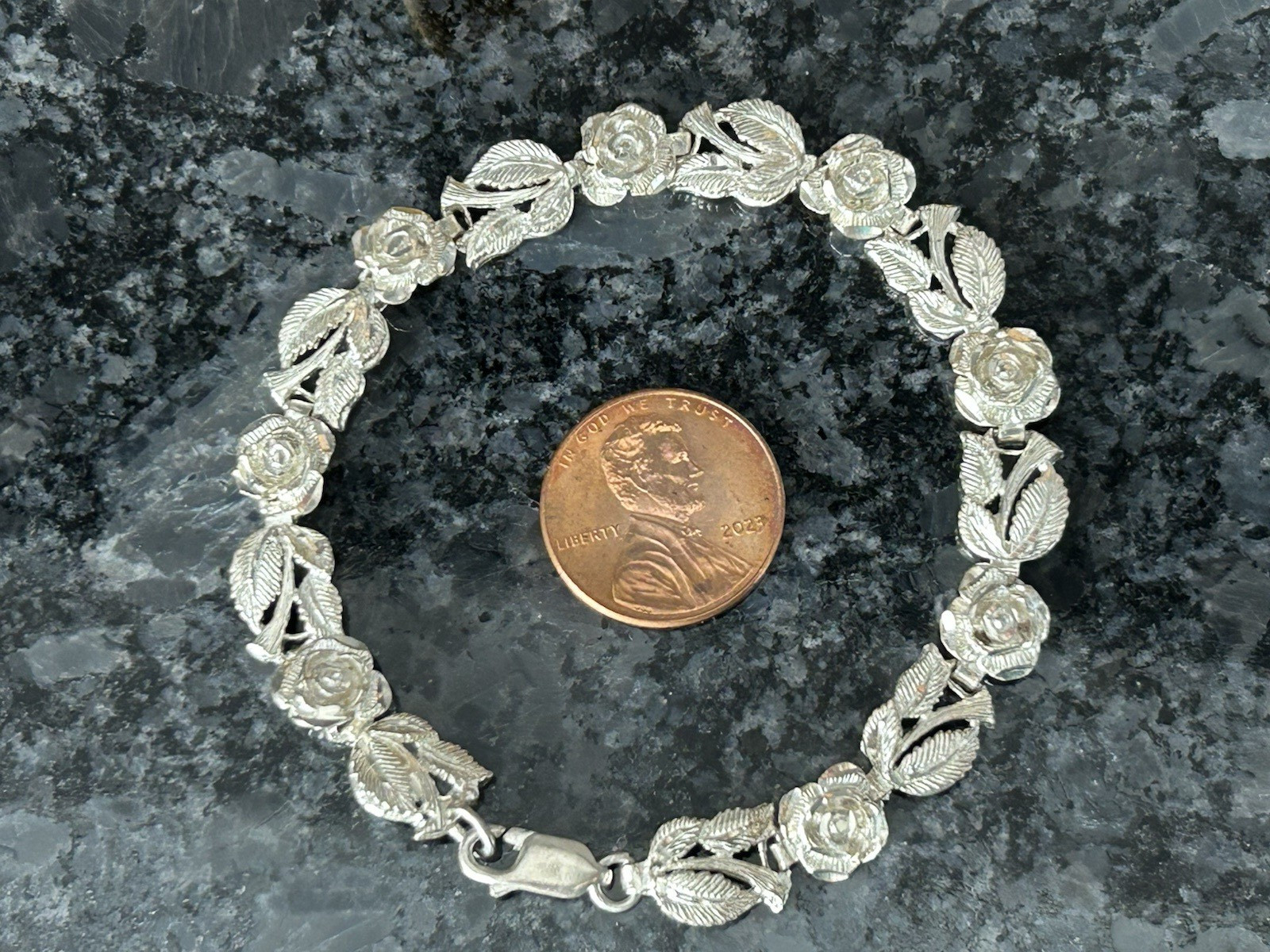 Vintage Sterling Silver 925 Diamond Cut Rose Bracelet 7 in Over 11 G
