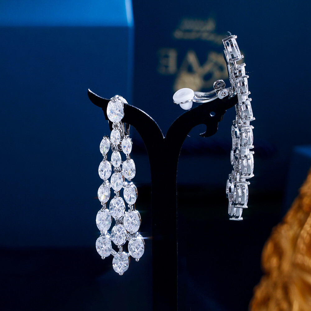Clip On Long Chandelier Drop Earrings Silver Plated Cubic Zircon Wedding Jewelry
