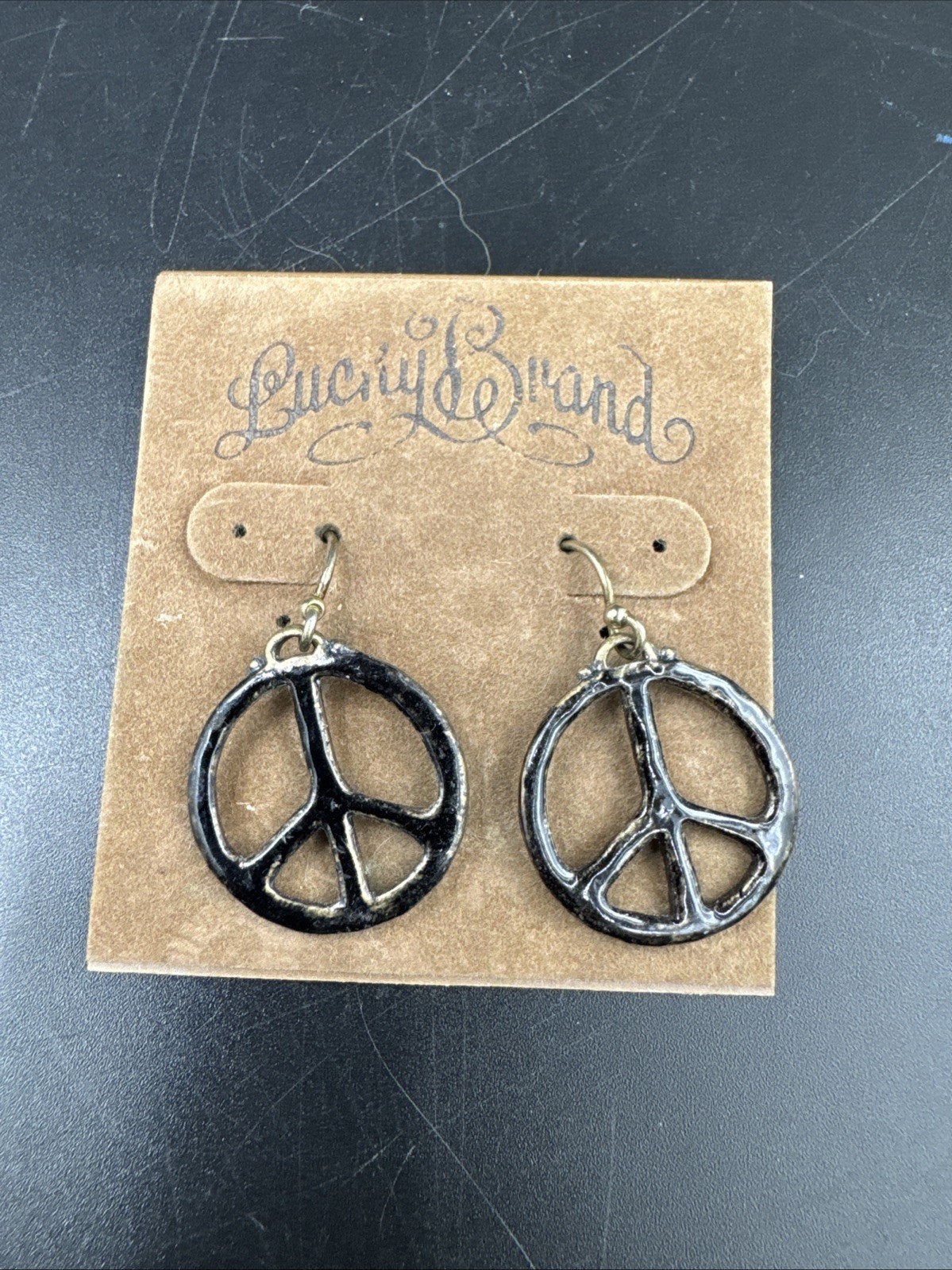 Lucky Brand! Vintage Distressed Look Black Hammered Peace Logo Earrings