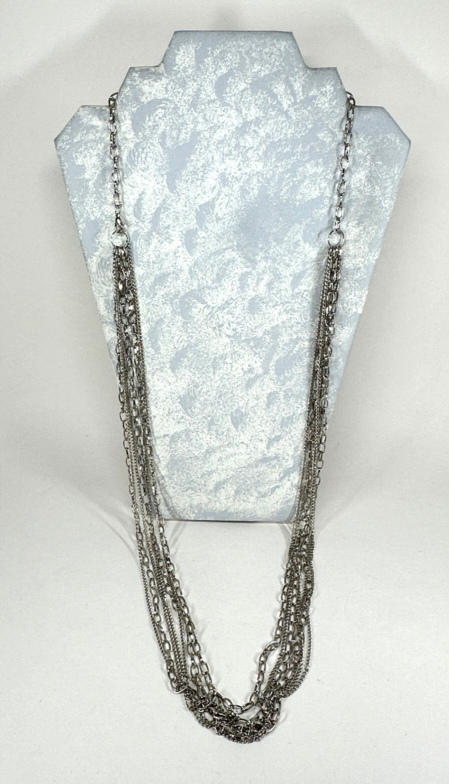 Necklace Heavy Shiny 7 Strand Silver Tone 40 Inch Bib Length Mixed Link Chains