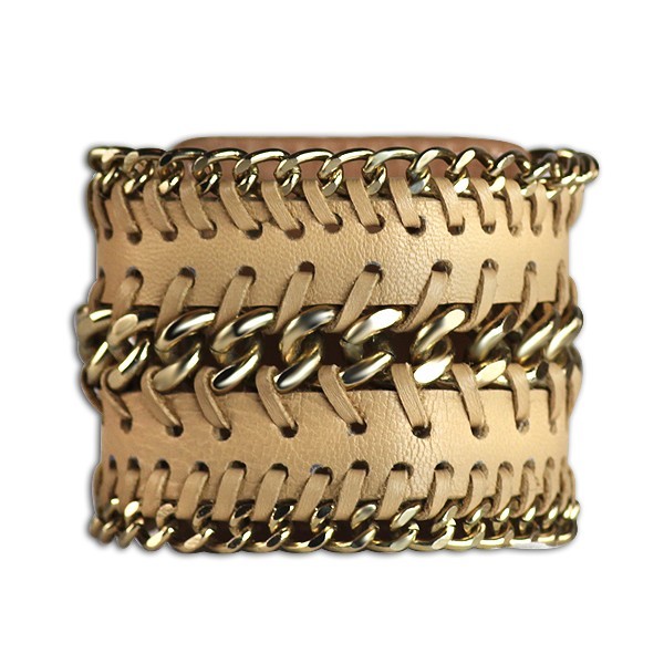 Bandido Beige Leather Gold Chain Wrap Snap Closure Fashion Wide Cuff Bracelet