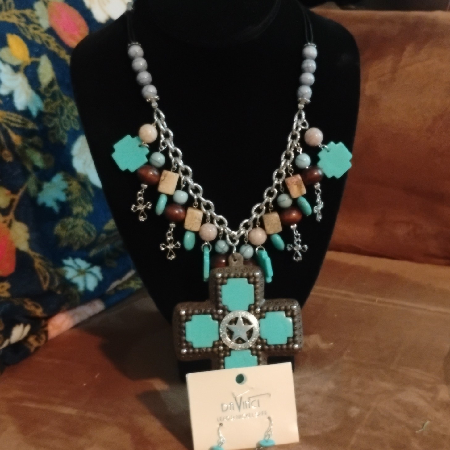 DaVinci Turquoise Cross Necklace & Dangle Earrings Jewelry Set Nickel-Free