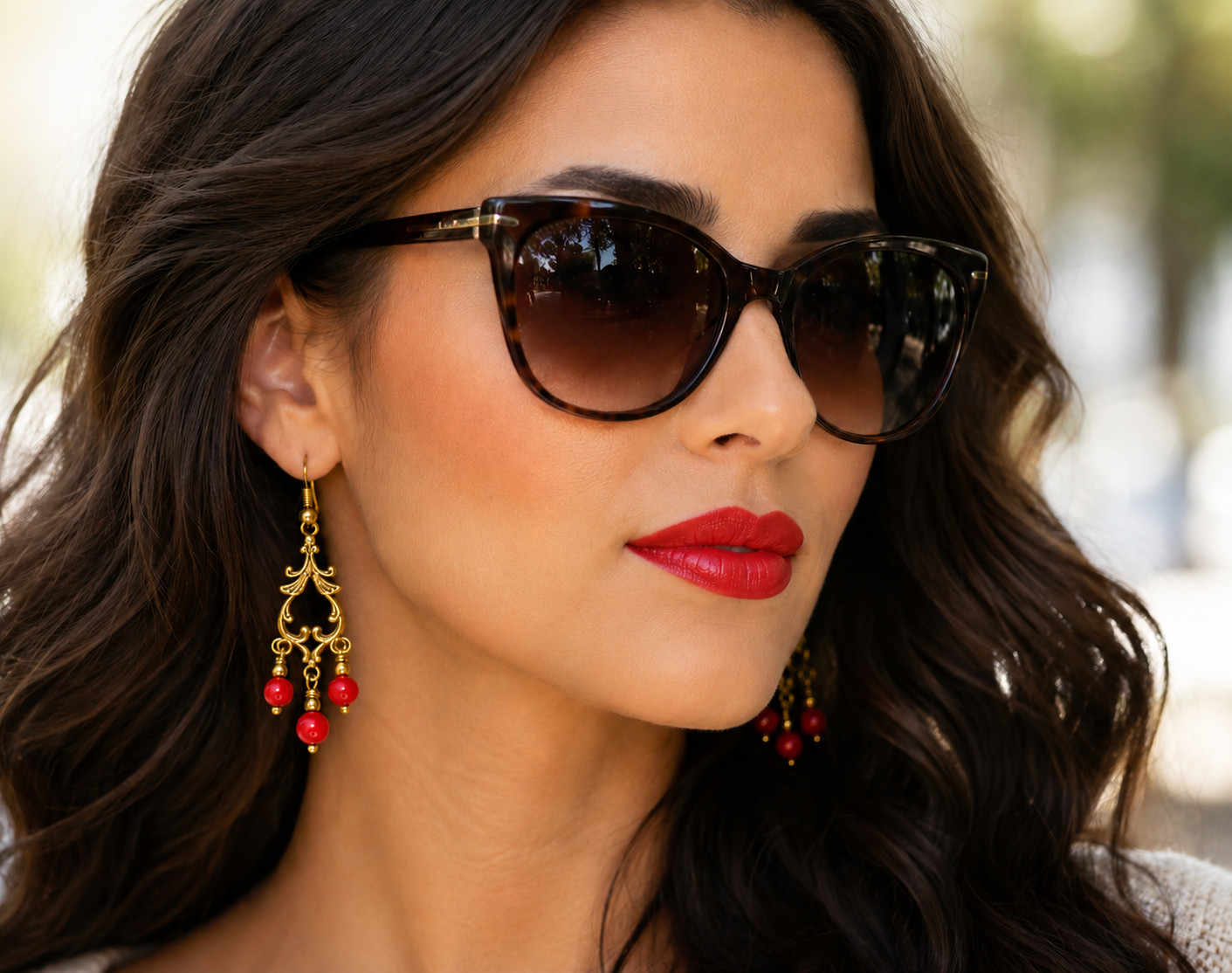 Genuine Red Coral Dangle Earrings Vintage Style Gold Brass Handmade Artisan