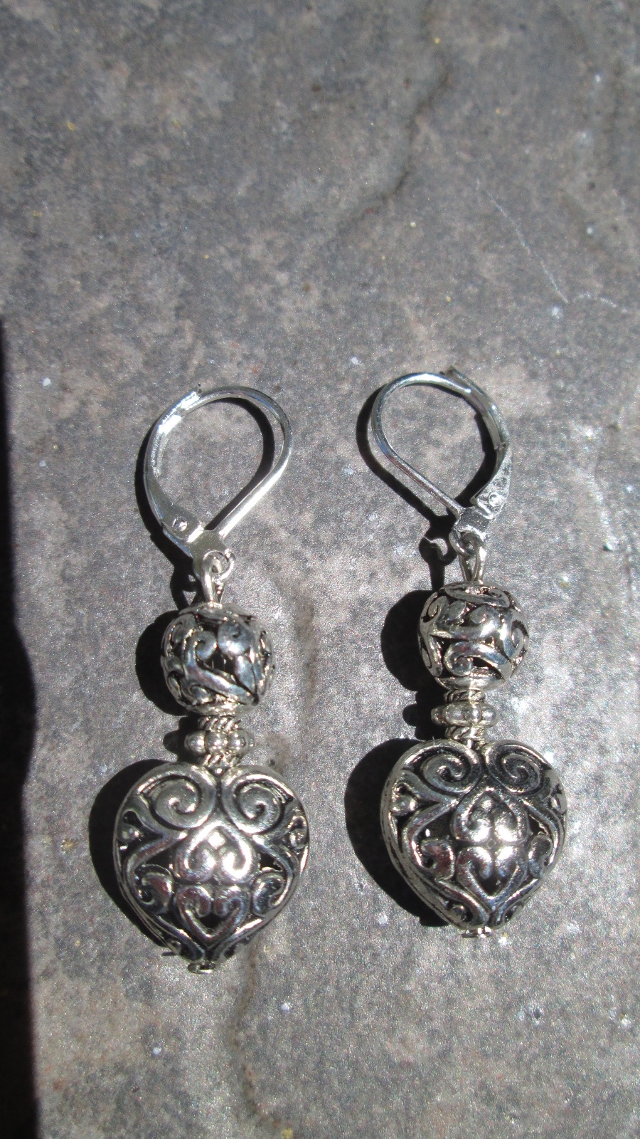Silver Filigree Puffed Heart Earrings with Sterling Silver Leverbacks