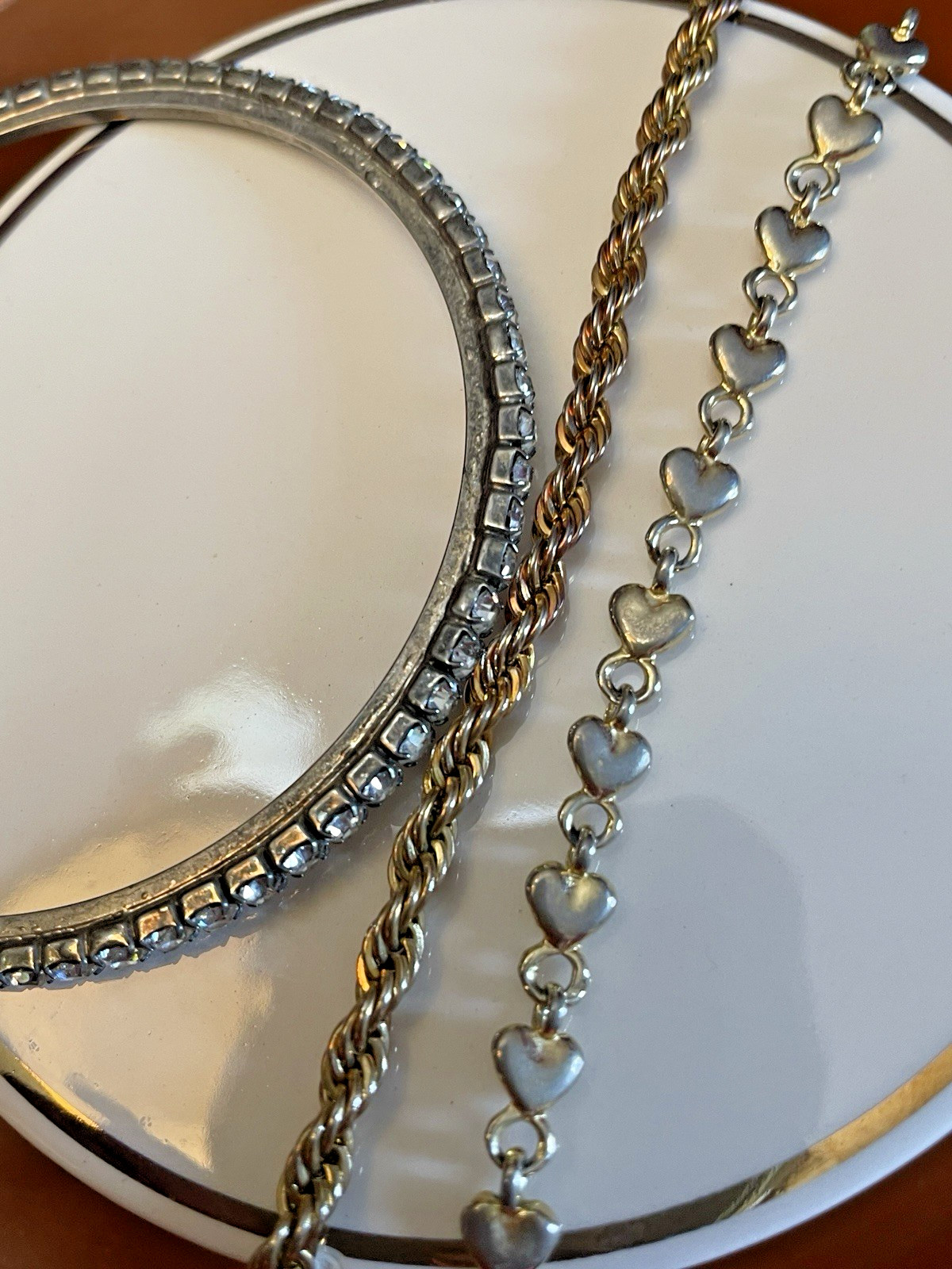 Bracelet Lot 3 Pcs. Rhinestone Bangle, Romantic Heart Link, & Goldplate Cable