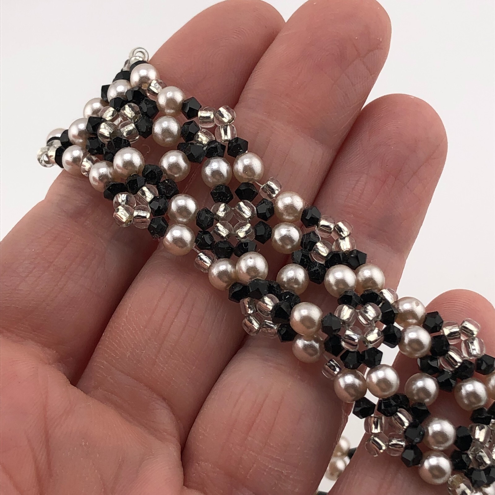 Woven Bead Bracelet Black, White & Pale Pink Beads Valentine’s Retro Festival