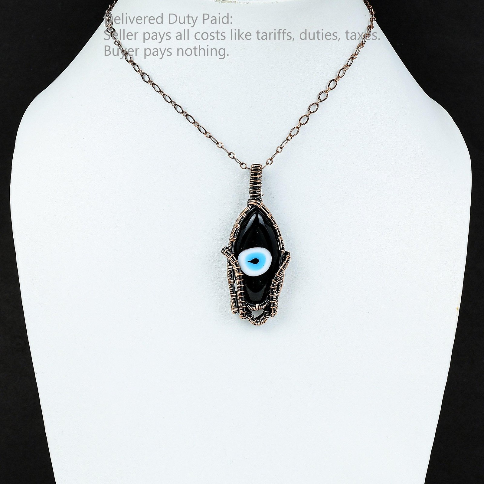 Marquise Black Color Evil Eye Stone Wire Wrapped Anniversary New Pendant Copper