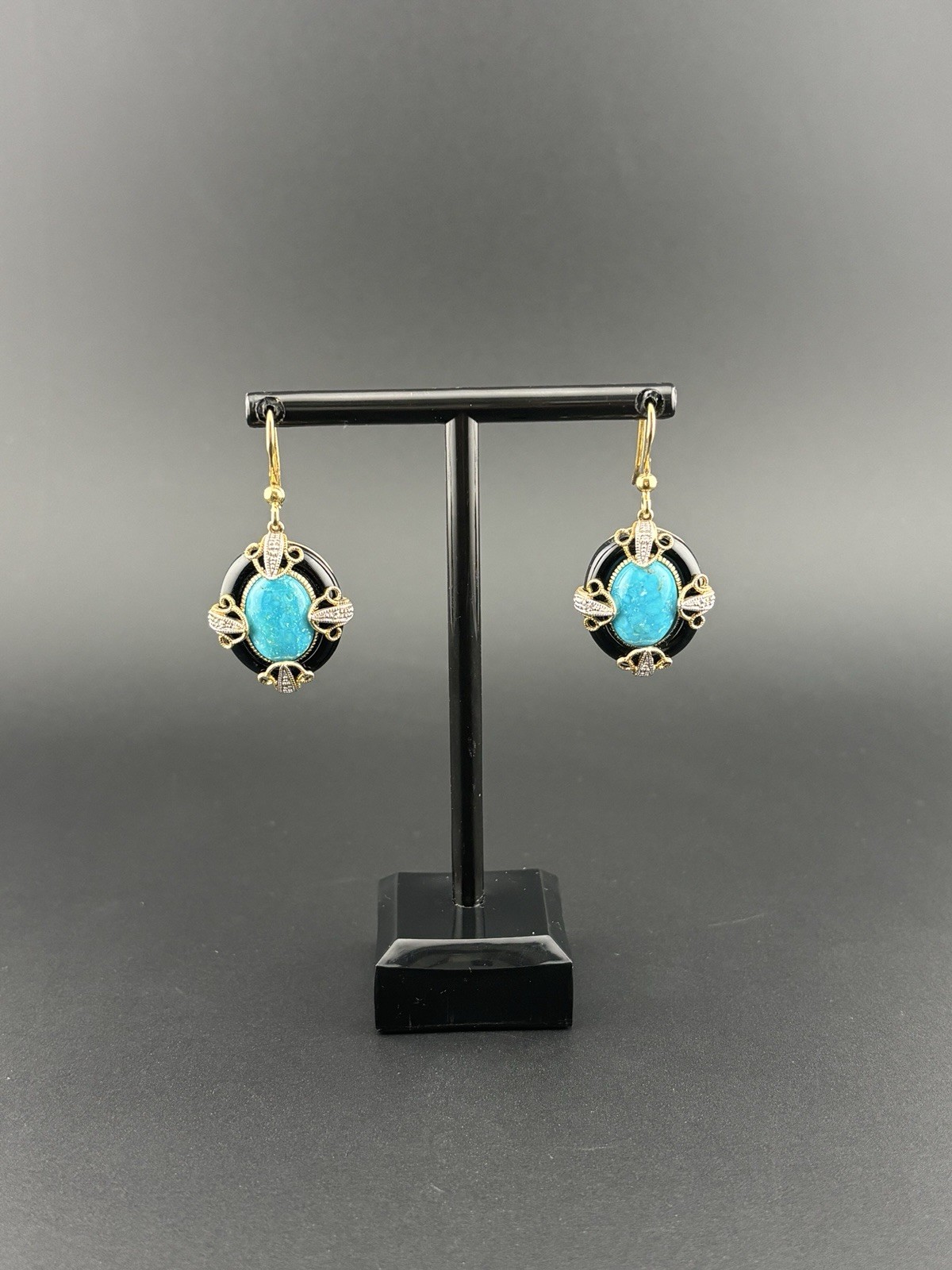 Genuine Turquoise Black Onyx 925 Sterling Silver Gold Tone Dangle Earrings