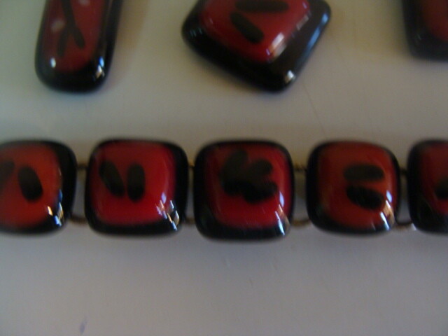Acrylic Bracelet Pendant Earrings 4 Pcs Set Ruby Red Black Symbols Silver Tone