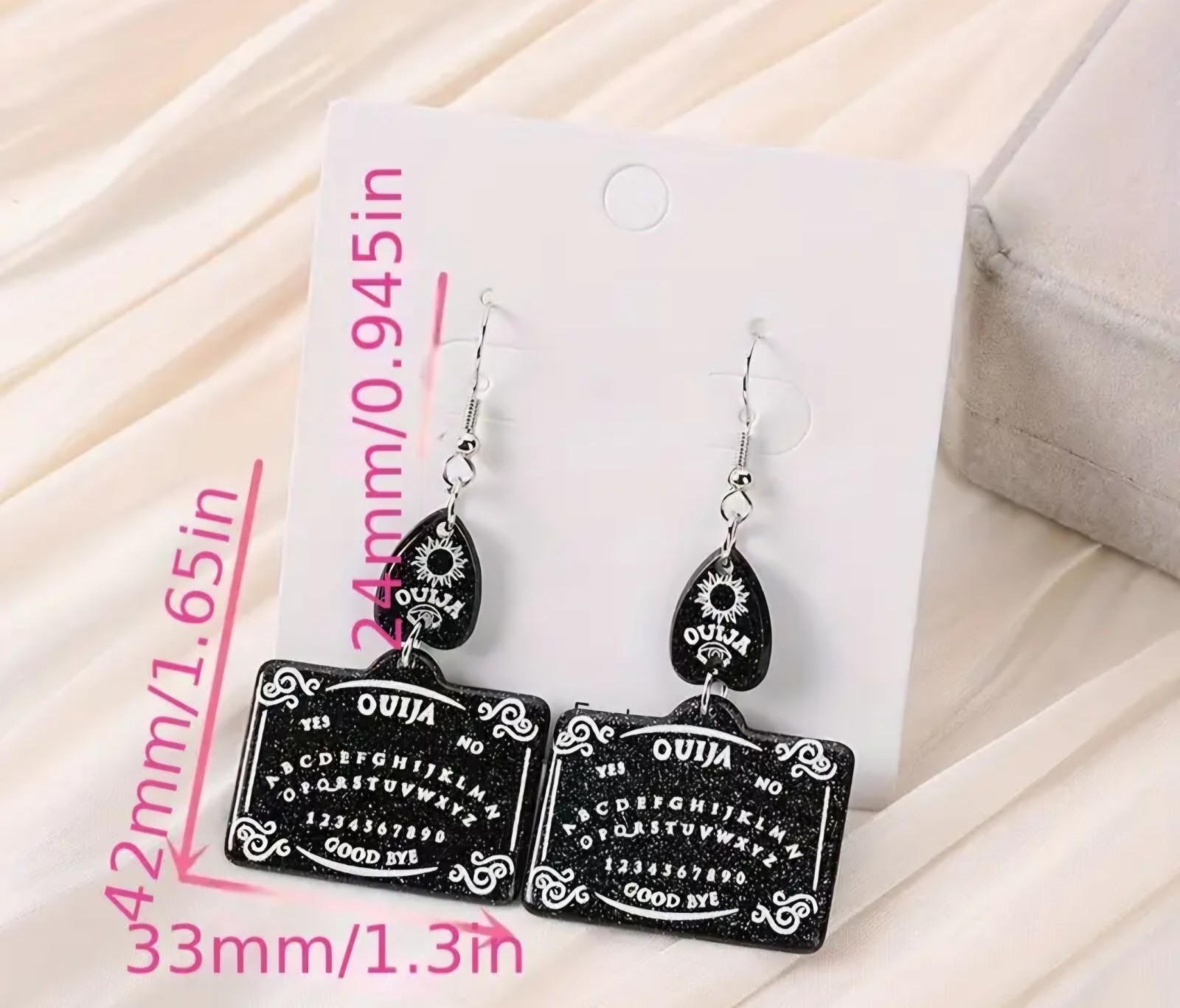 OUIJA Board & Planchette Dangle Earrings Sparkly Black White Free Ship US Seller