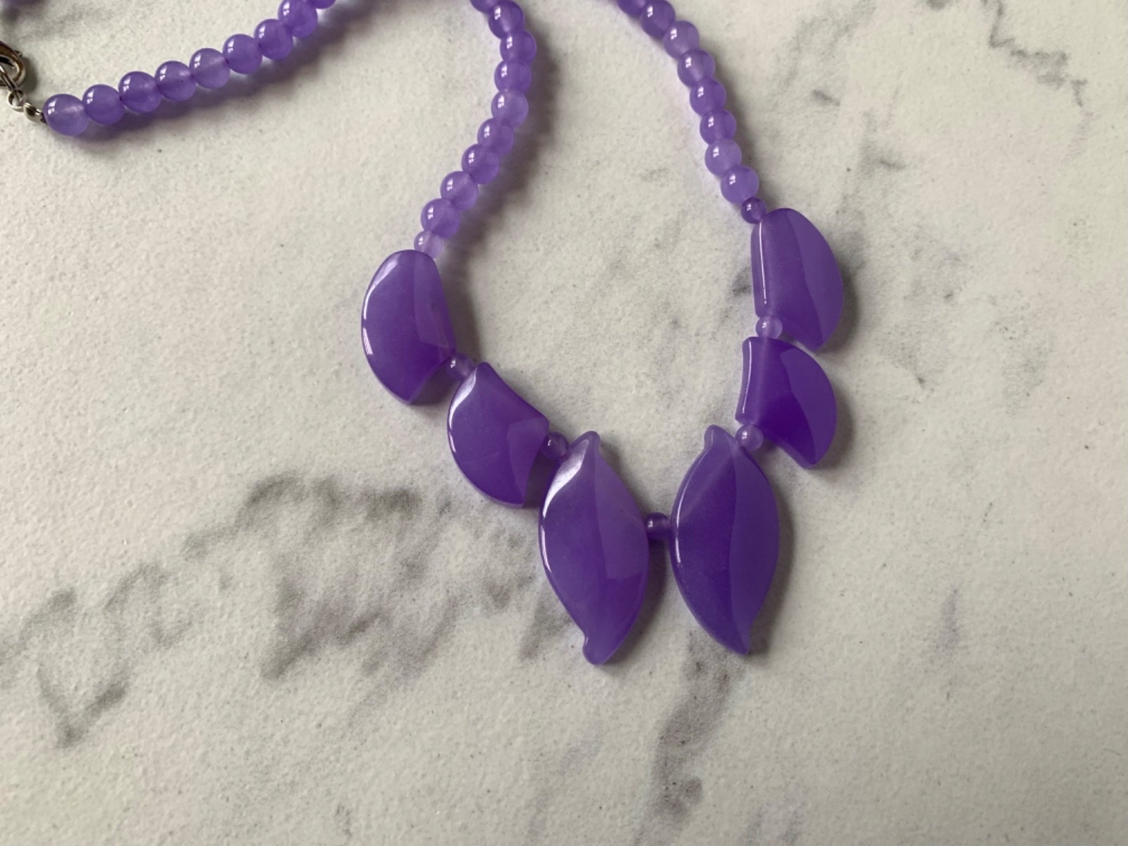 Violet Jade Leaf Necklace varied sized beads, 17 inch Necklace 36