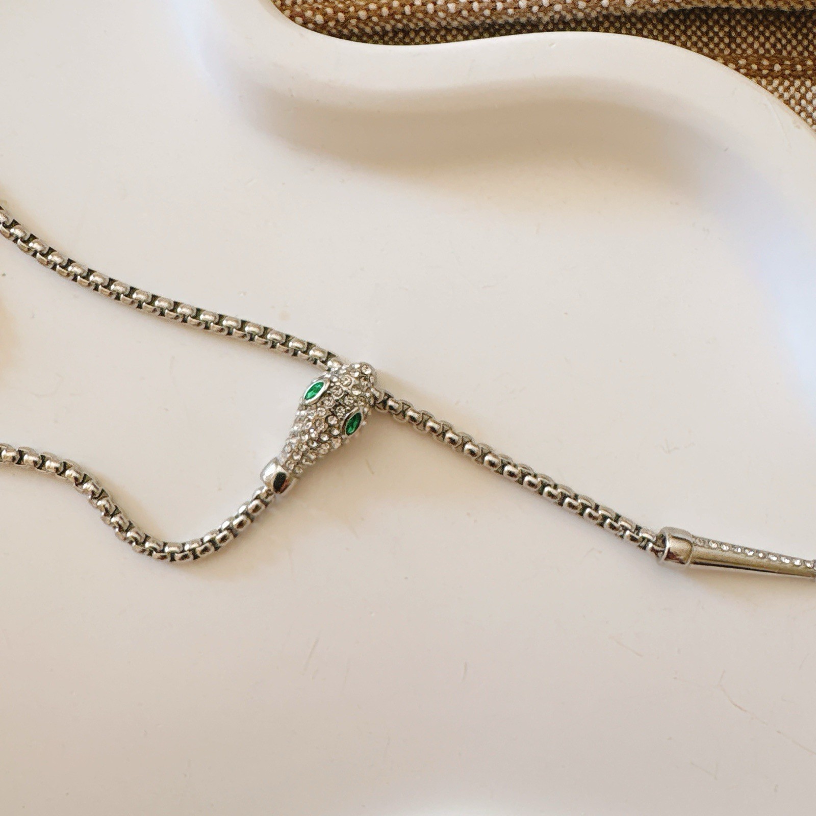 Silver Tone Snake Lariat Necklace 65cm Stainless Steel 18K White Gold Plated CZ