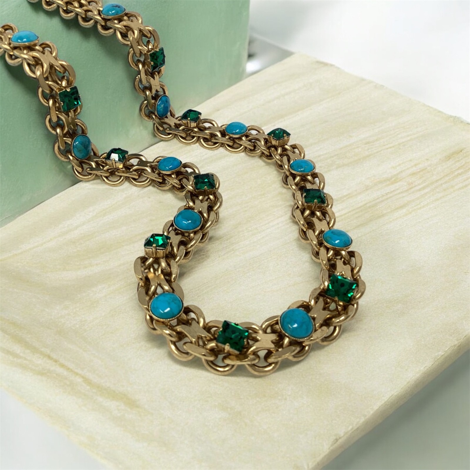 Lanvin Paris Long Necklace / Belt Gold-Tone Turquoise & Green Crystal New + Box