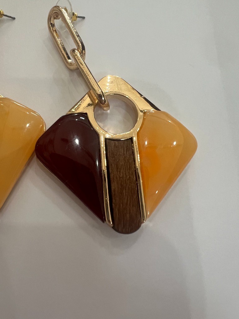 Geometric Earrings Gold Amber Wine Blush Wood 3” Mod Uncas Int Vendor Sample