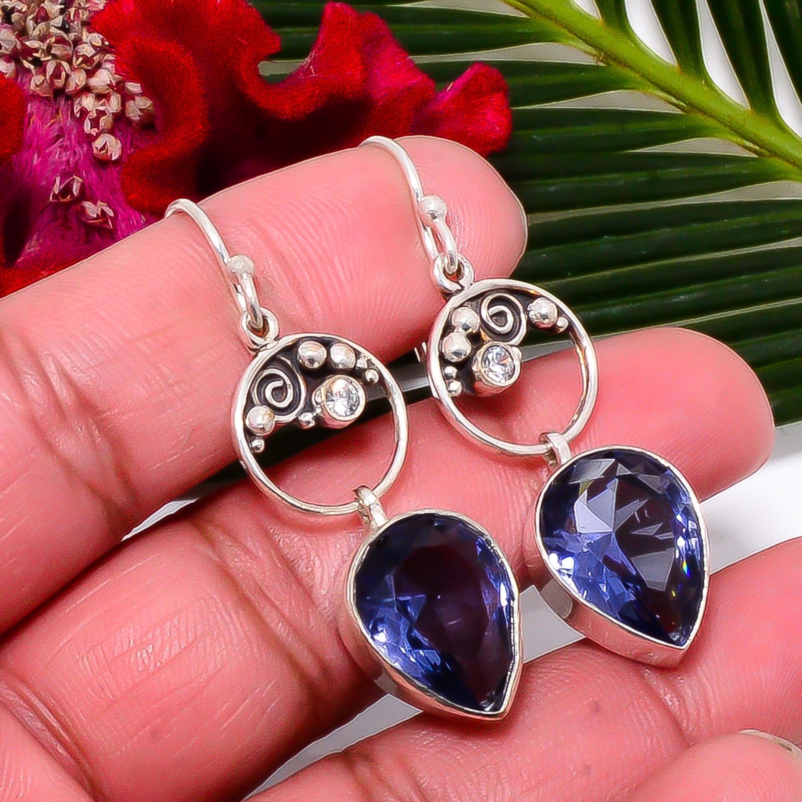 Iolite & White Topaz Designer Handmade 925 Sterling Silver Earring 2.03″ Sku11